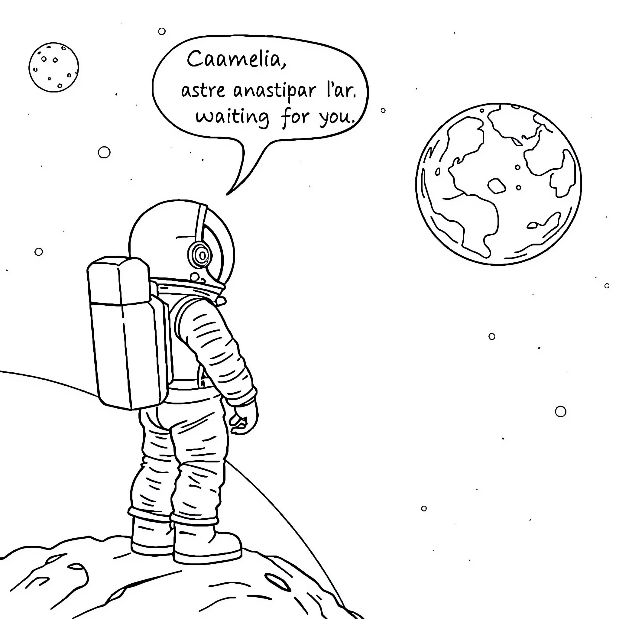 Astronaut patiently waiting on the moon Coloring Page (free black-and-white line drawing printable PDF for all, from beginners to advanced learners, including children, teens, adults, and seniors)