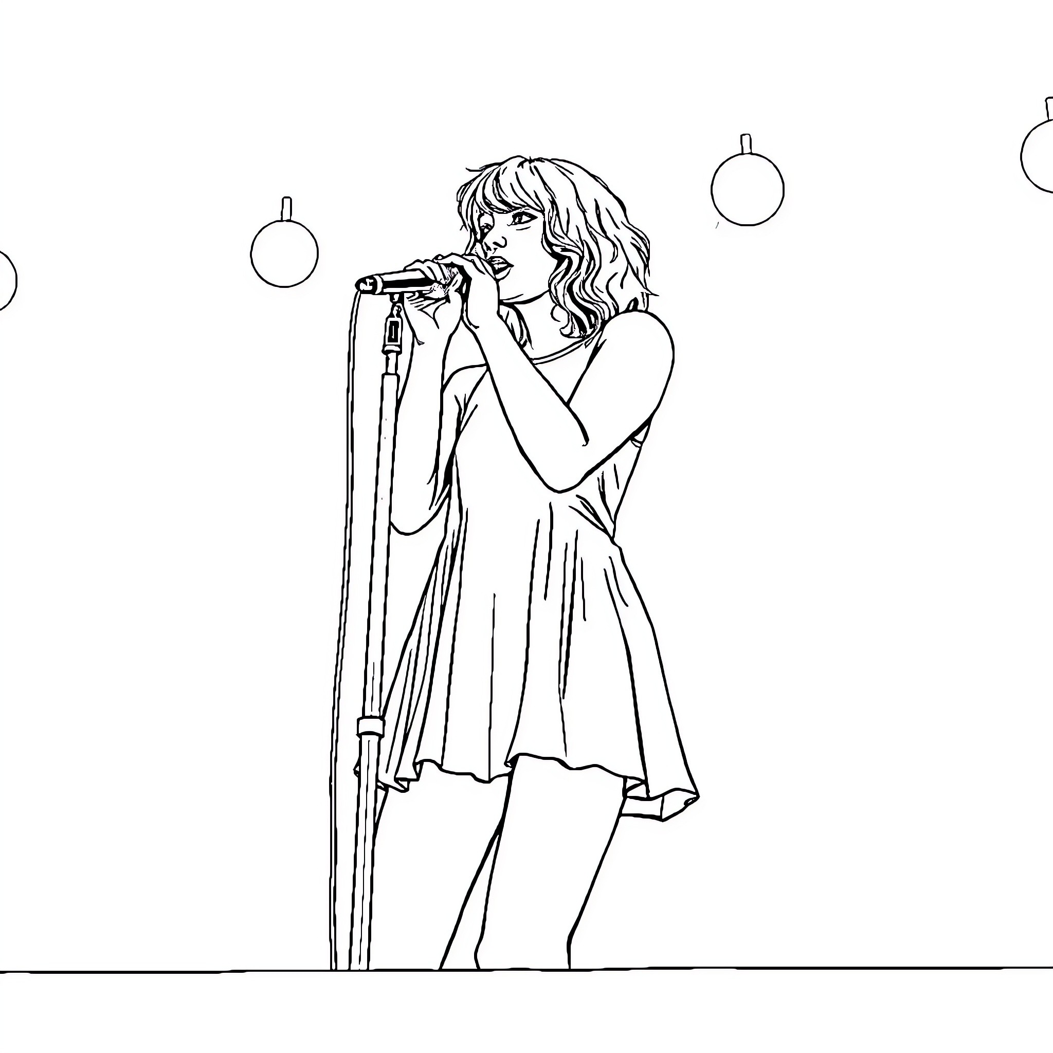 Taylor Swift performing on stage in a flowing dress Coloring Page (free black-and-white line drawing printable PDF for all, from beginners to advanced learners, including children, teens, adults, and seniors)