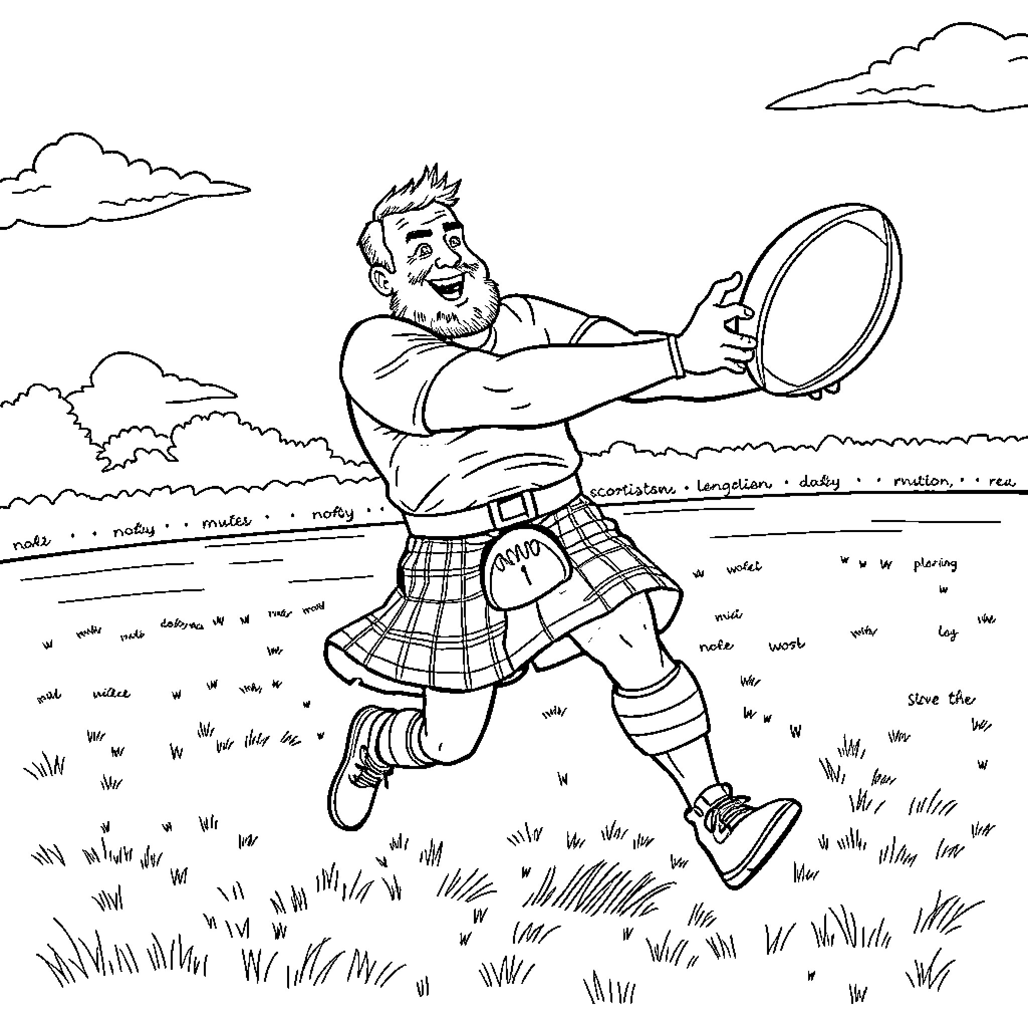Scotsman enjoying outdoor recreation with magnifying glass Coloring Page (free black-and-white line drawing printable PDF for all, from beginners to advanced learners, including children, teens, adults, and seniors)