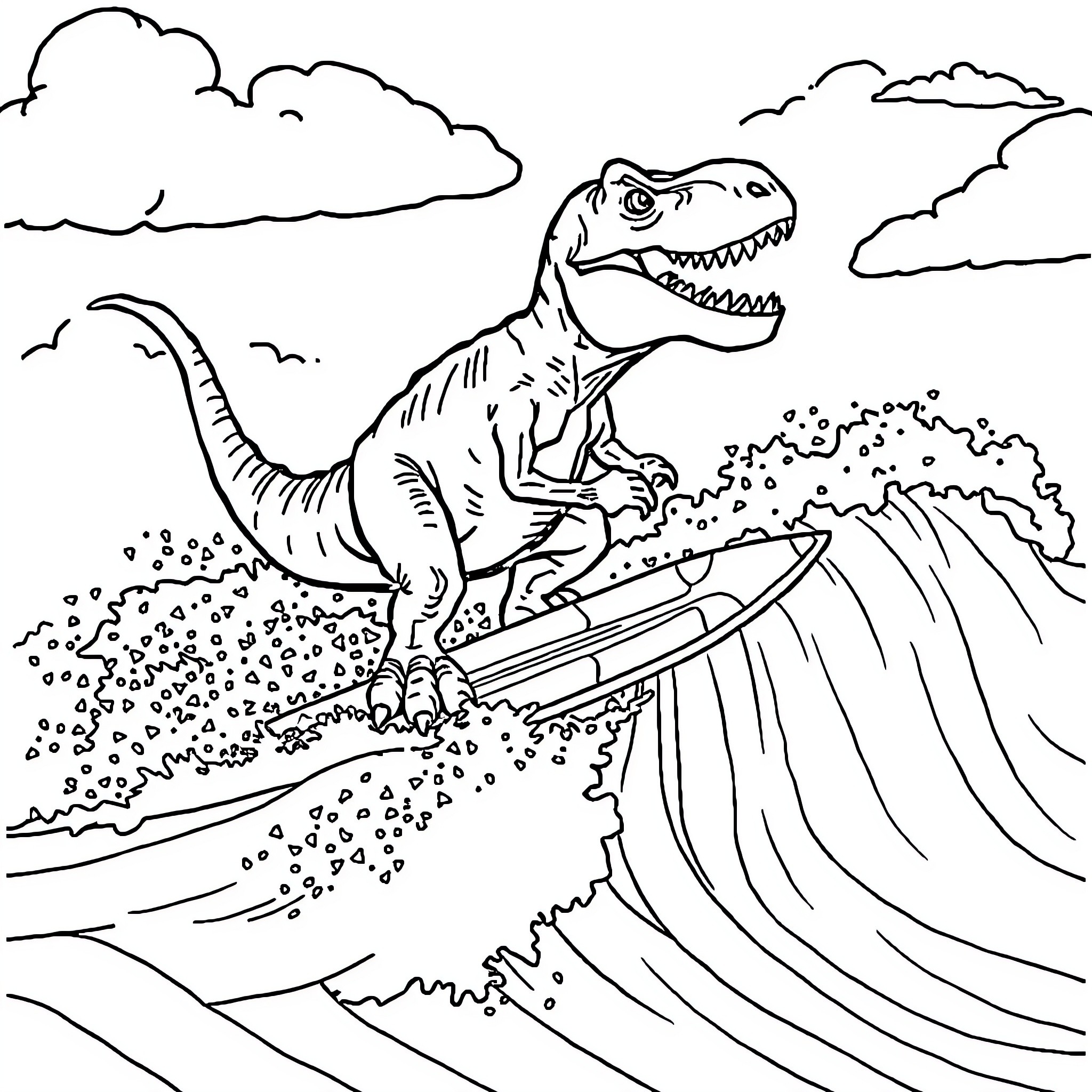 T-Rex Surfing the Prehistoric Waves Coloring Page (free black-and-white line drawing printable PDF for all, from beginners to advanced learners, including children, teens, adults, and seniors)
