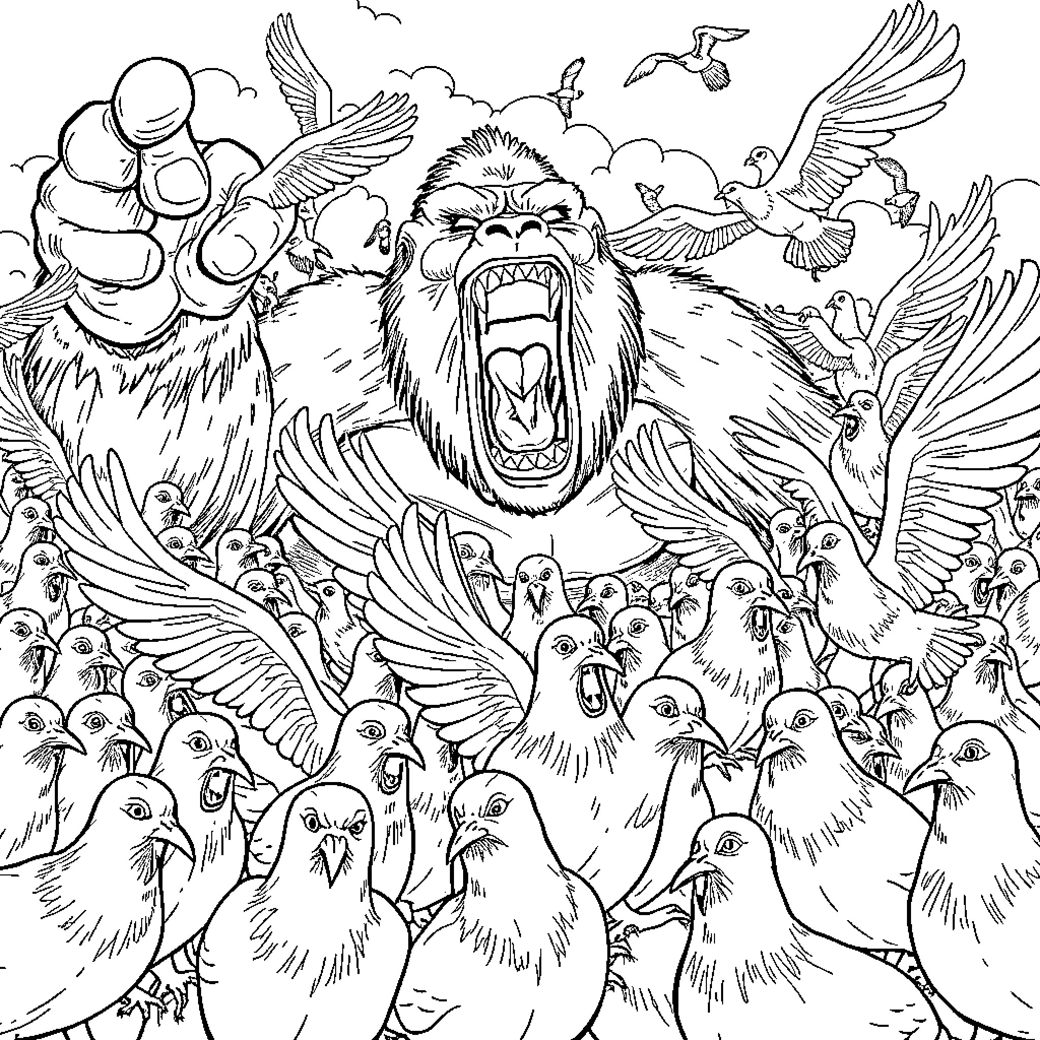 Pigeon flock gathered around a growling gorilla Coloring Page (free black-and-white line drawing printable PDF for all, from beginners to advanced learners, including children, teens, adults, and seniors)