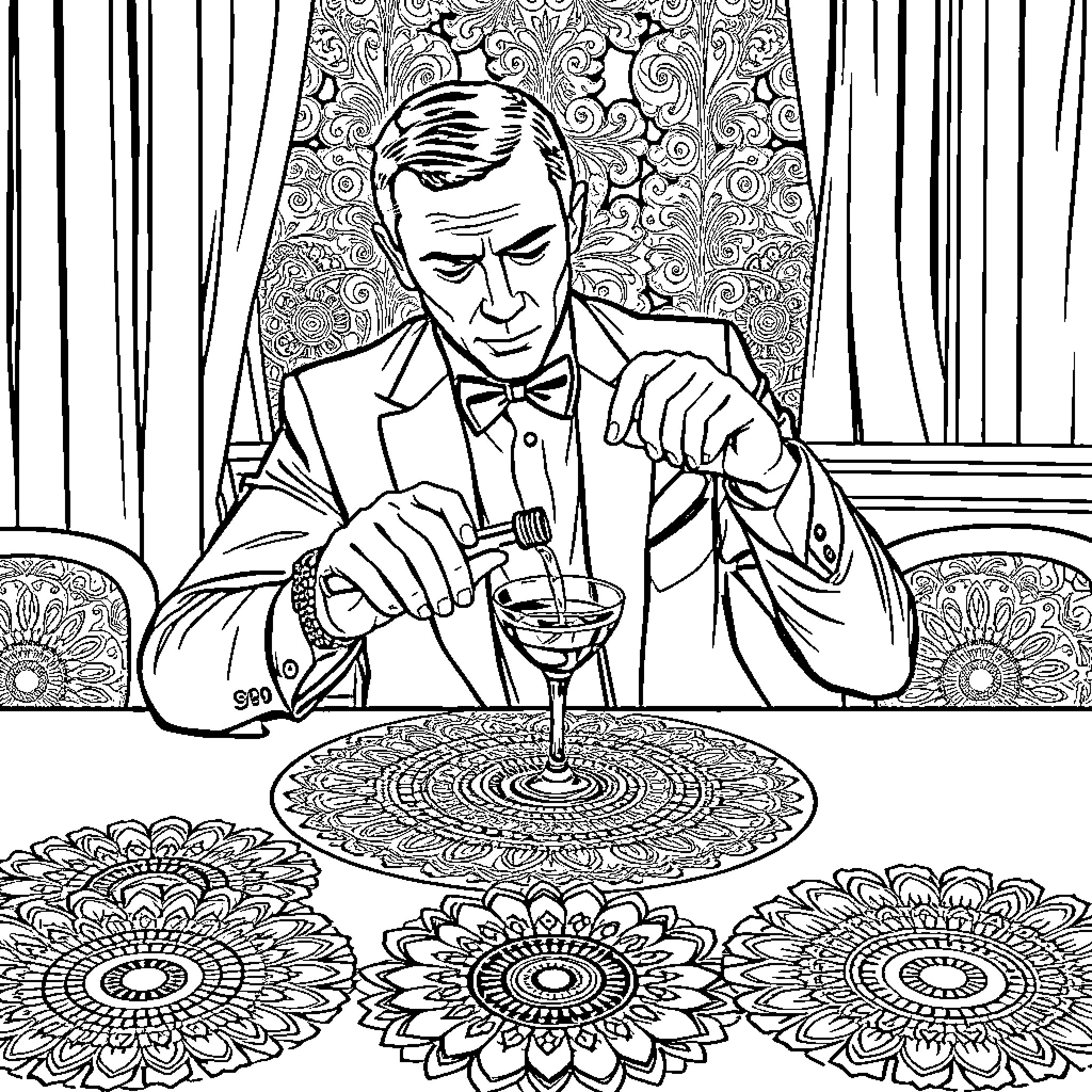 Mandalas surrounding a man enjoying a cocktail Coloring Page (free black-and-white line drawing printable PDF for all, from beginners to advanced learners, including children, teens, adults, and seniors)