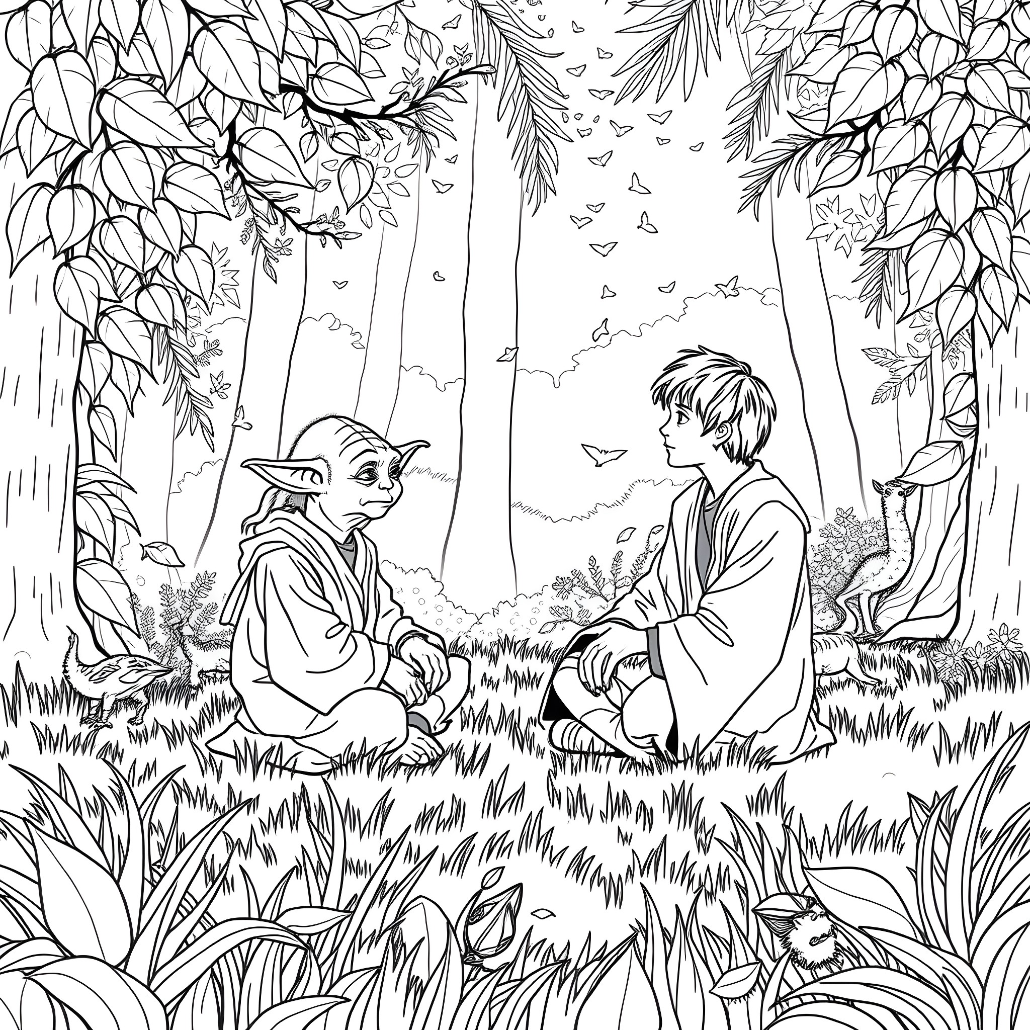 Yoda teaching the young Jedi in the enchanted forest Coloring Page (free black-and-white line drawing printable PDF for all, from beginners to advanced learners, including children, teens, adults, and seniors)