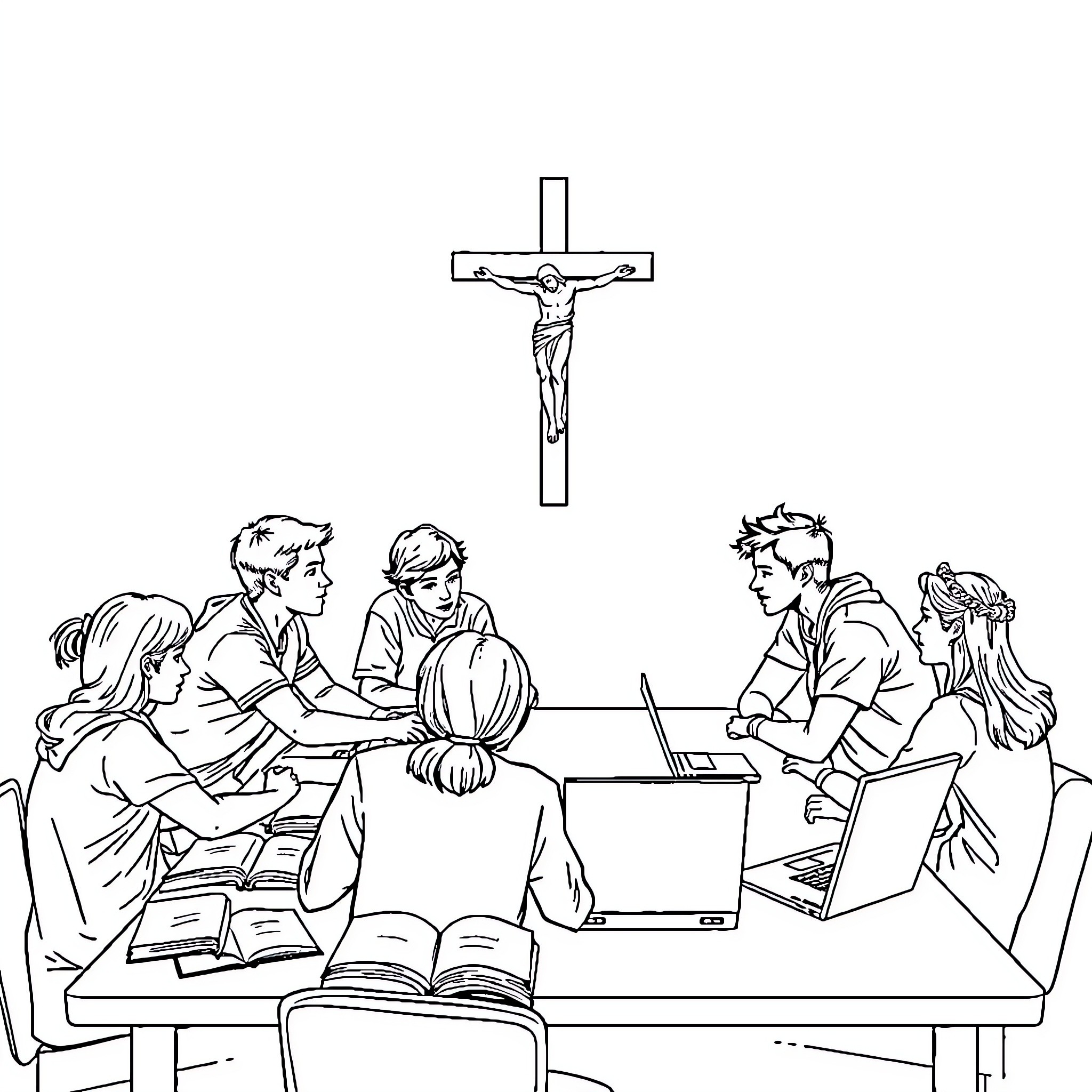 Adolescent studying and discussing in classroom Coloring Page (free black-and-white line drawing printable PDF for all, from beginners to advanced learners, including children, teens, adults, and seniors)