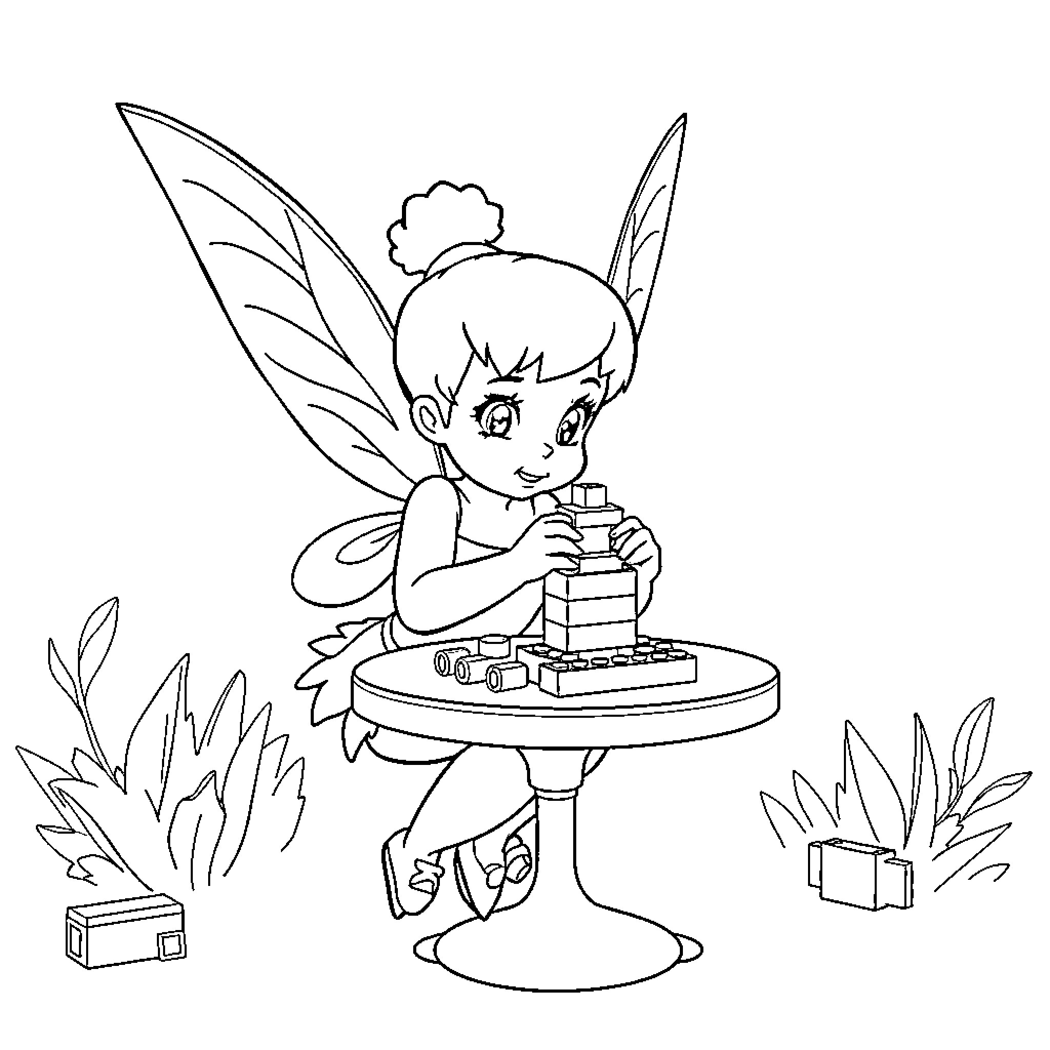 Tinkerbell playing with building blocks Coloring Page (free black-and-white line drawing printable PDF for all, from beginners to advanced learners, including children, teens, adults, and seniors)
