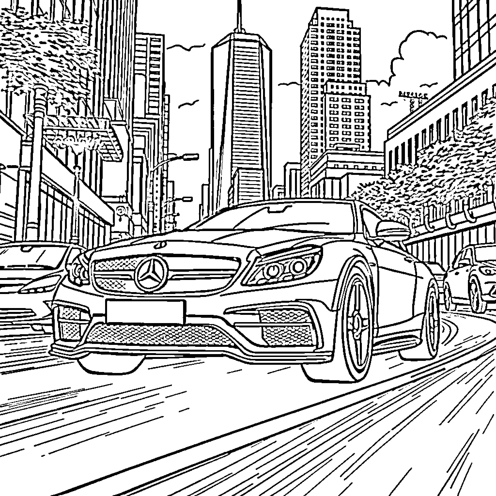 AMG Luxury Car Racing Through Busy City Streets Coloring Page (free black-and-white line drawing printable PDF for all, from beginners to advanced learners, including children, teens, adults, and seniors)