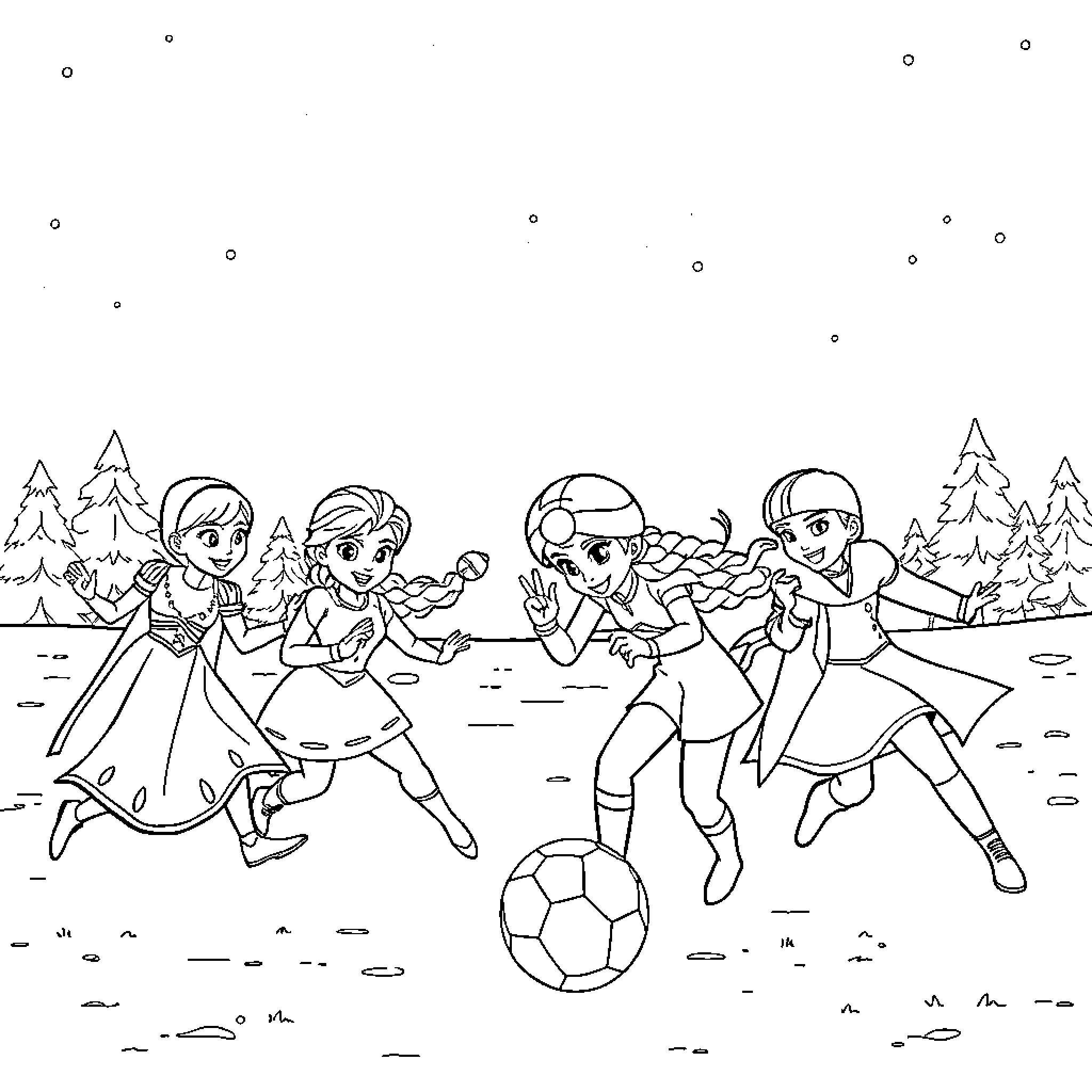 Frozen Friends Enjoying Outdoor Sports Coloring Page (free black-and-white line drawing printable PDF for all, from beginners to advanced learners, including children, teens, adults, and seniors)