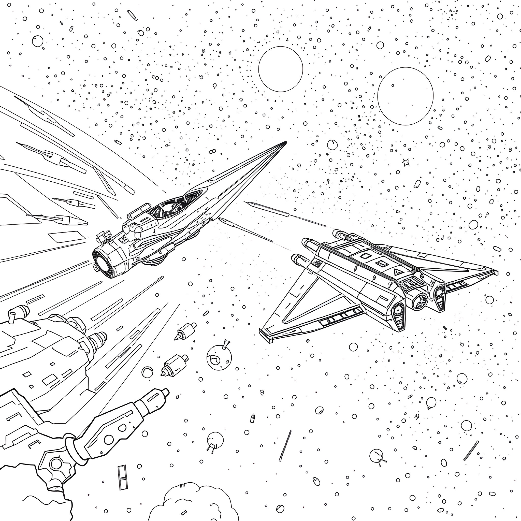 Star Spaceships Battling in the Cosmos Coloring Page (free black-and-white line drawing printable PDF for all, from beginners to advanced learners, including children, teens, adults, and seniors)