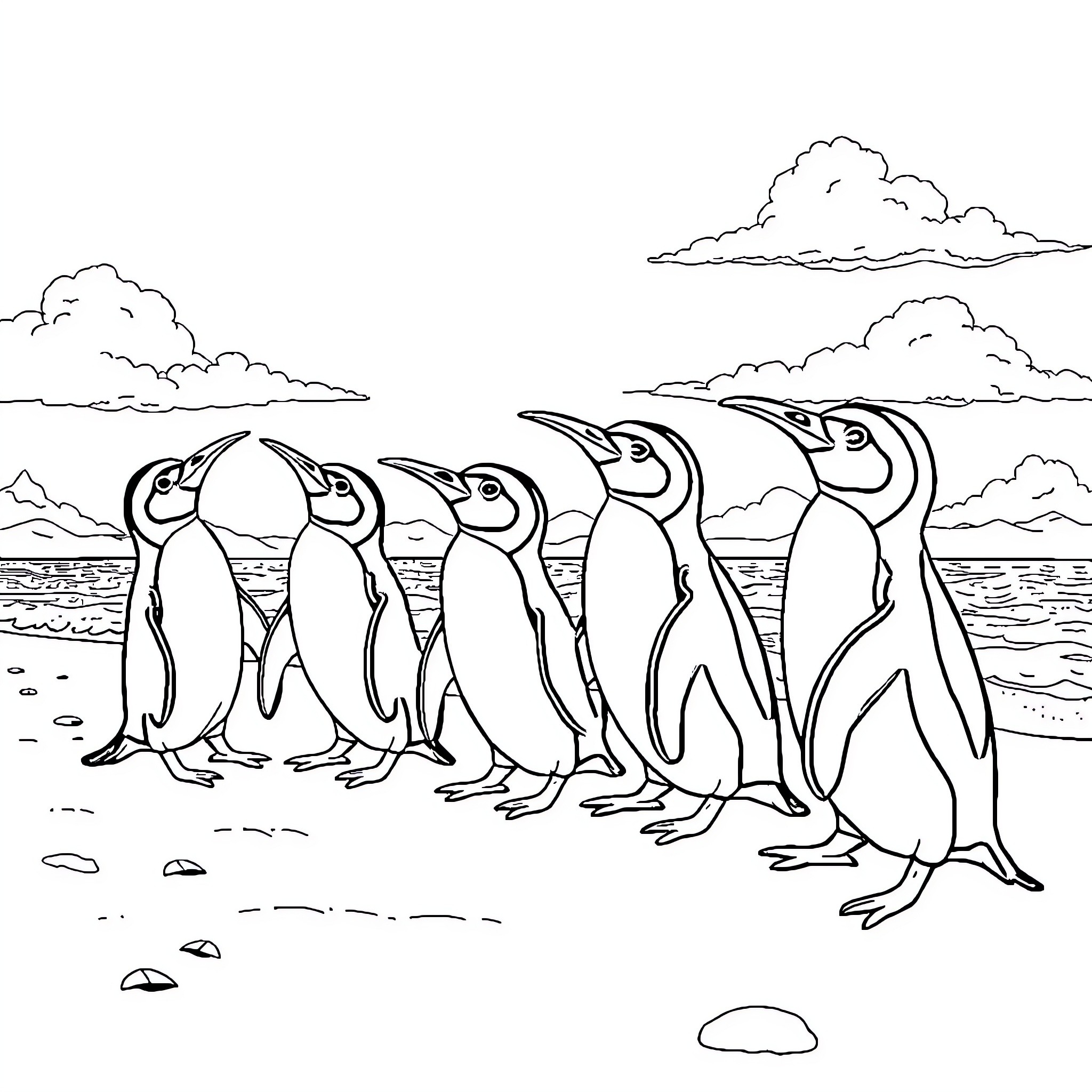 Penguins standing in a row on the beach Coloring Page (free black-and-white line drawing printable PDF for all, from beginners to advanced learners, including children, teens, adults, and seniors)