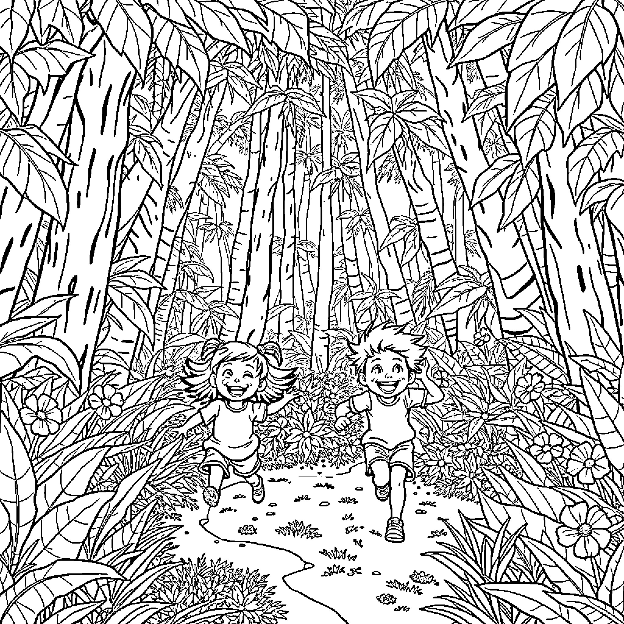 Kid friends exploring the jungle Coloring Page (free black-and-white line drawing printable PDF for all, from beginners to advanced learners, including children, teens, adults, and seniors)