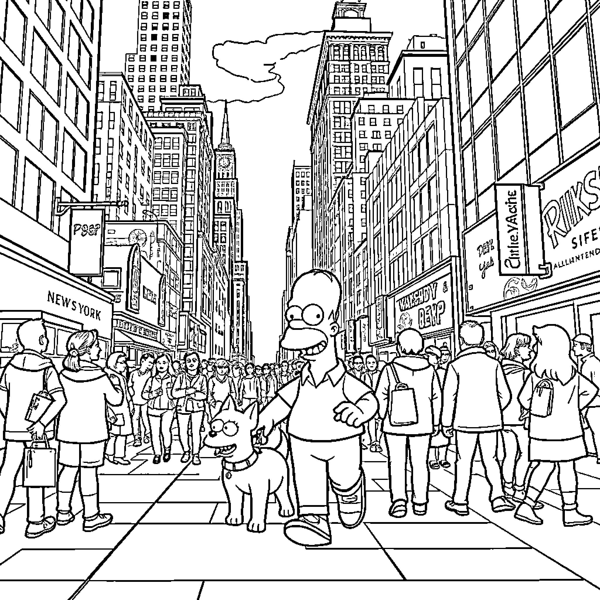 Homer navigates the bustling city streets Coloring Page (free black-and-white line drawing printable PDF for all, from beginners to advanced learners, including children, teens, adults, and seniors)