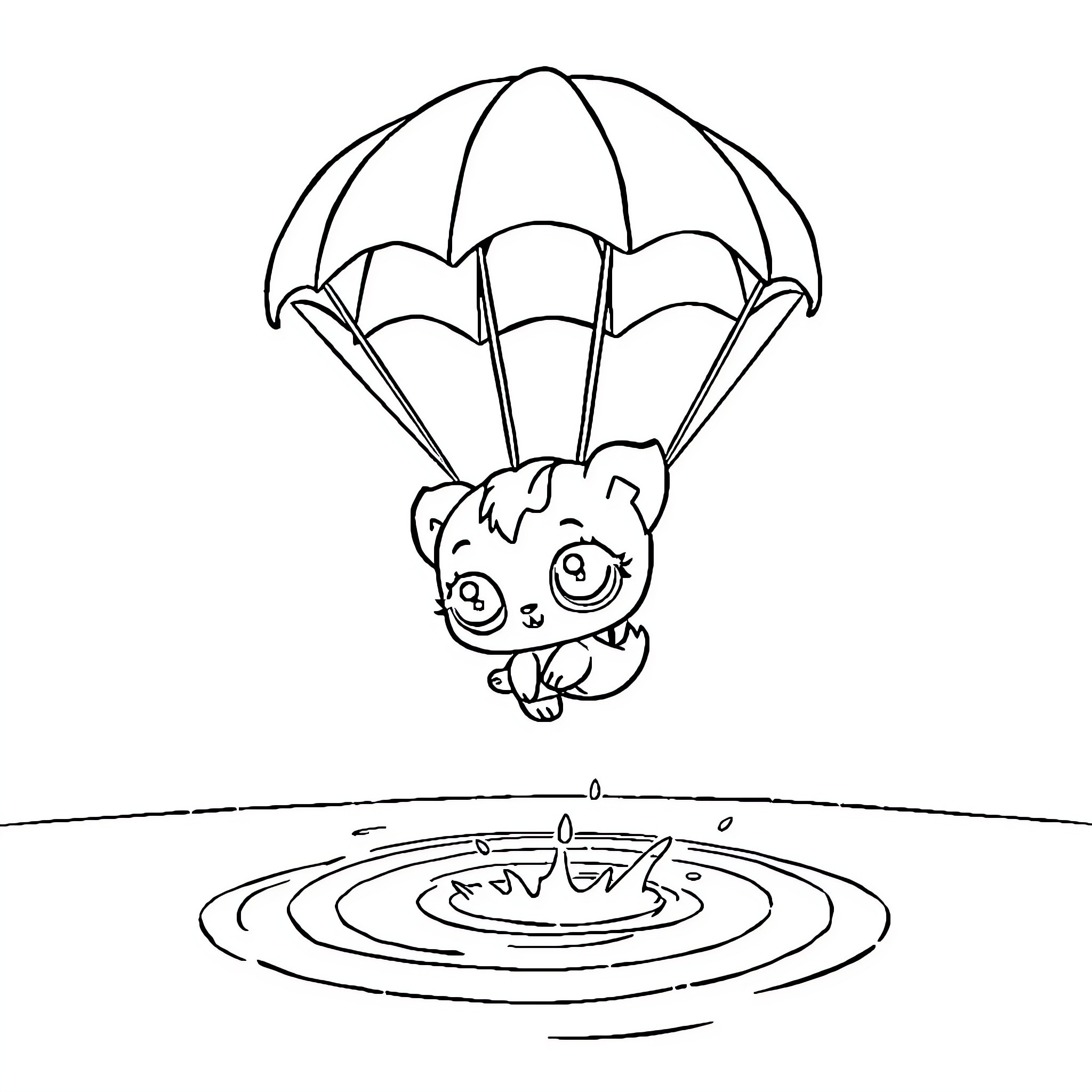 Pet skydiving with parachute over puddle Coloring Page (free black-and-white line drawing printable PDF for all, from beginners to advanced learners, including children, teens, adults, and seniors)