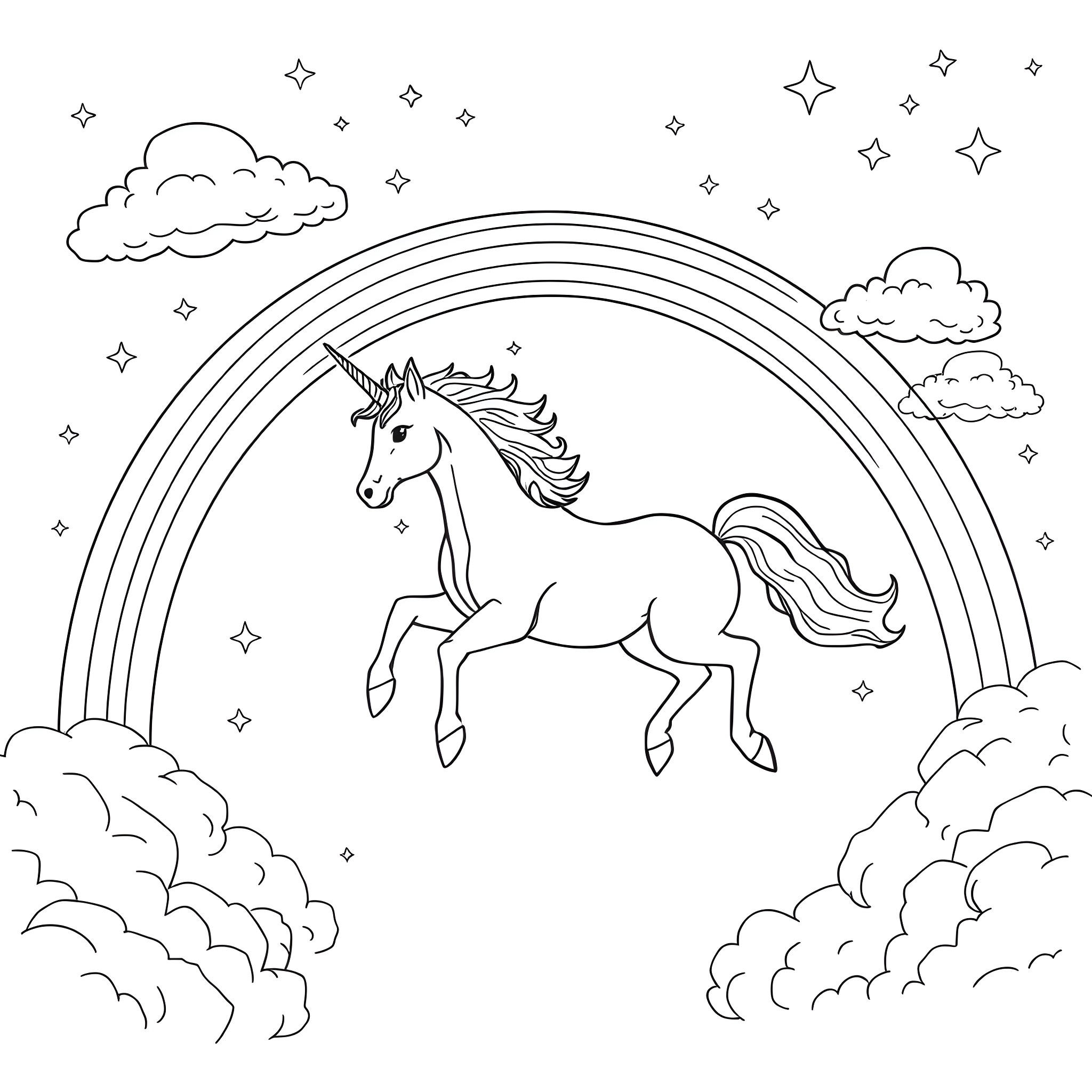 Unicorn running through magical rainbow clouds Coloring Page (free black-and-white line drawing printable PDF for all, from beginners to advanced learners, including children, teens, adults, and seniors)