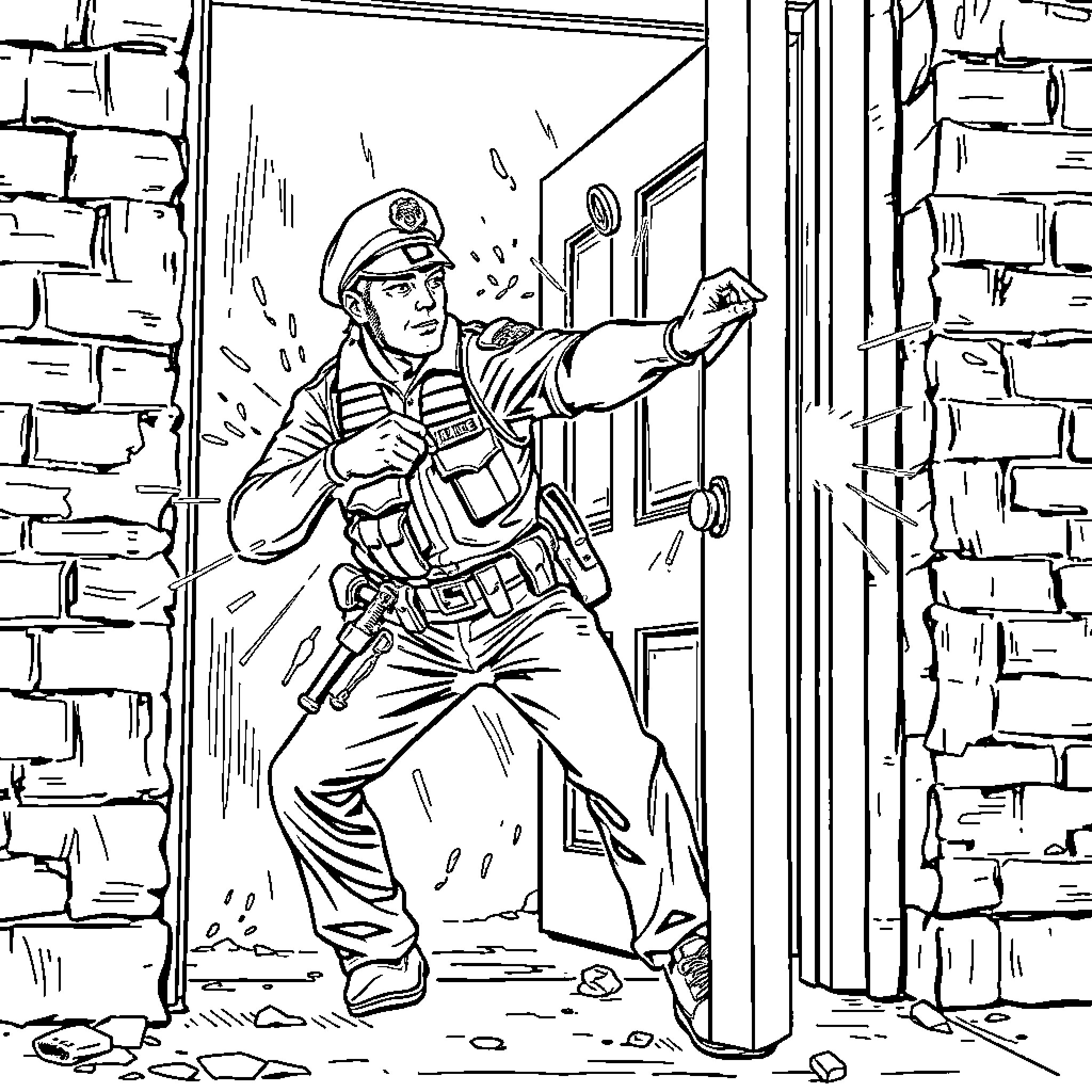 Police Officer Entering Building with Caution Coloring Page (free black-and-white line drawing printable PDF for all, from beginners to advanced learners, including children, teens, adults, and seniors)
