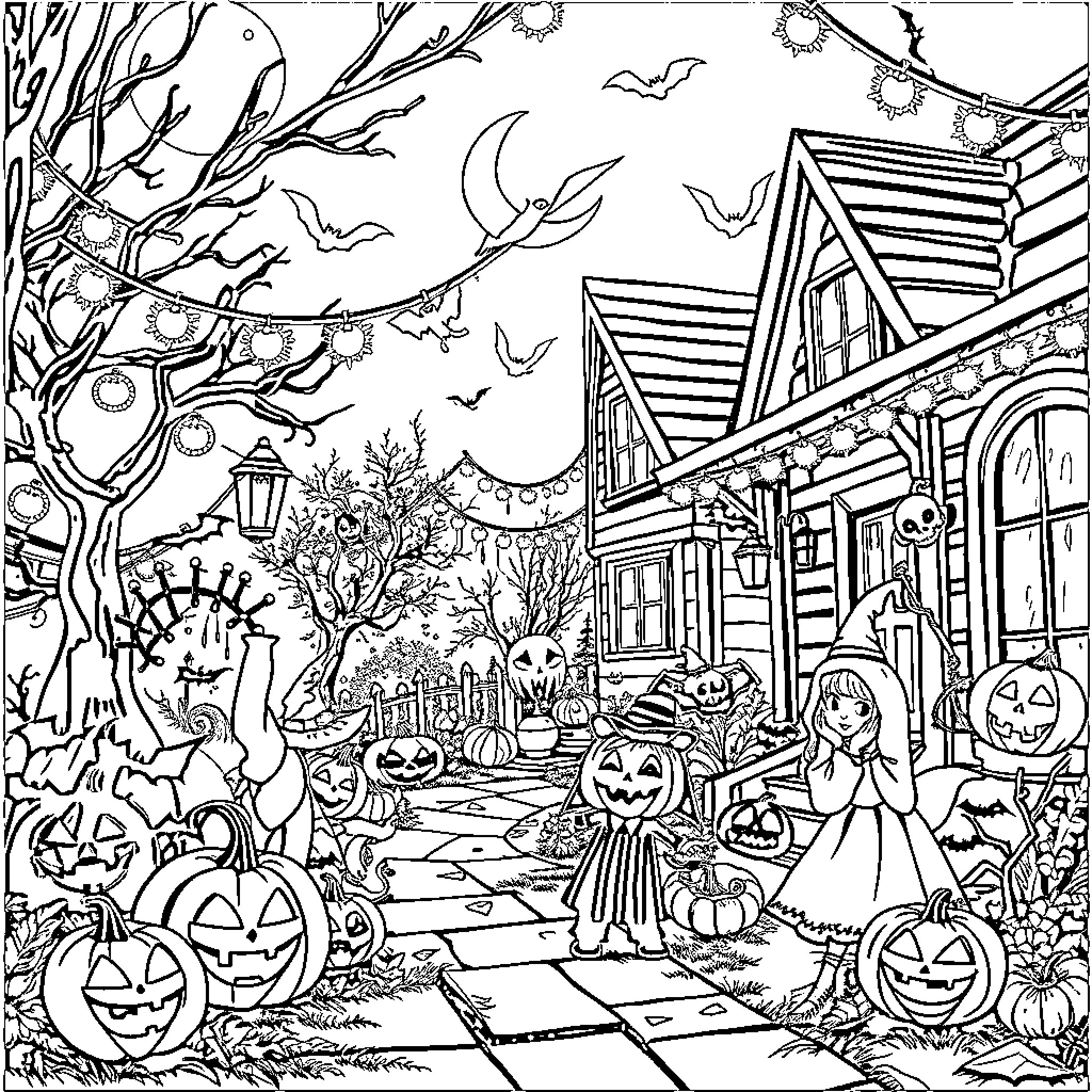 Halloween night in a spooky village Coloring Page (free black-and-white line drawing printable PDF for all, from beginners to advanced learners, including children, teens, adults, and seniors)