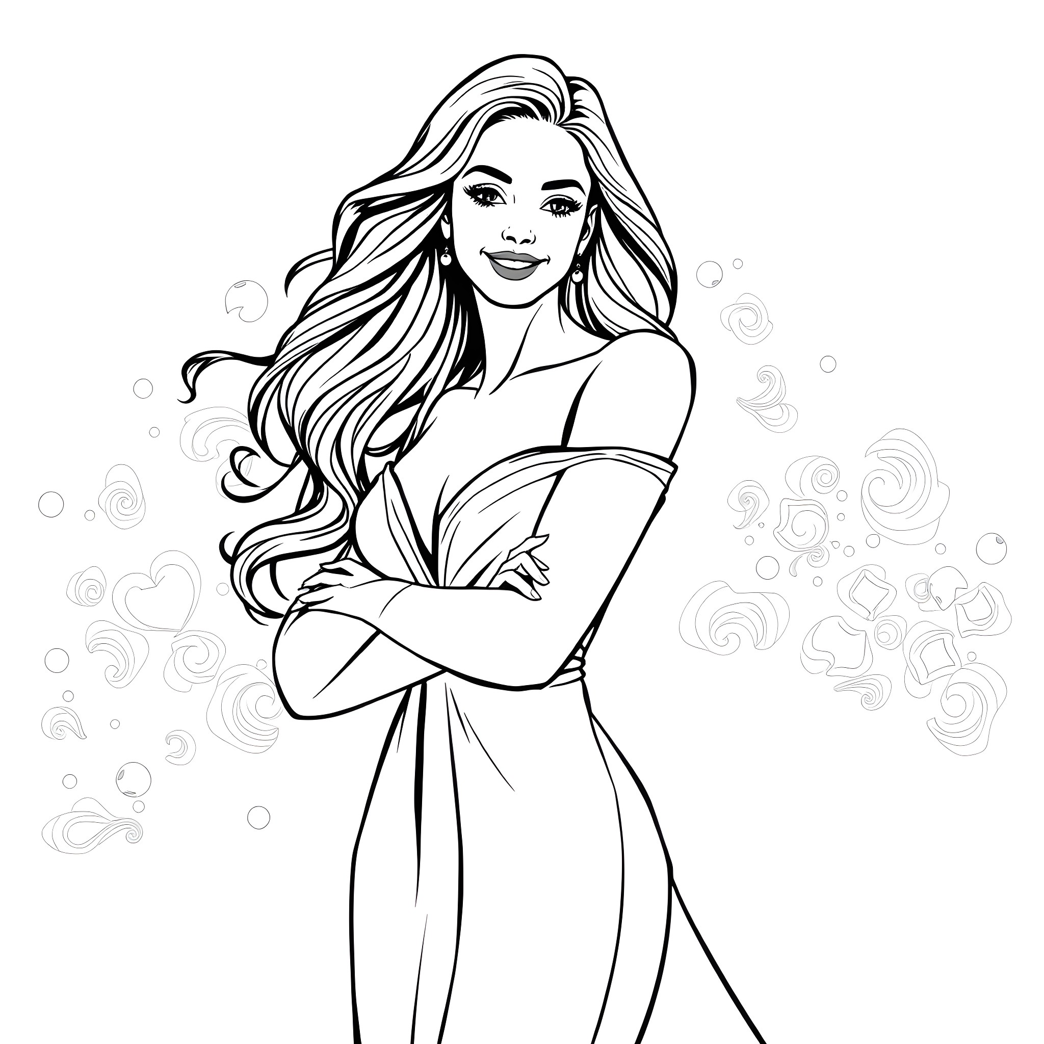 Female with long flowing hair in elegant dress Coloring Page (free black-and-white line drawing printable PDF for all, from beginners to advanced learners, including children, teens, adults, and seniors)