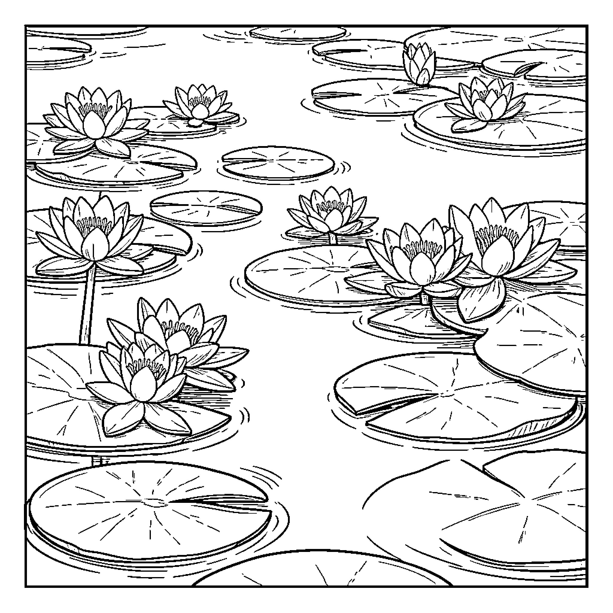 Nénuphar blooming peacefully on a quiet pond surface Coloring Page (free black-and-white line drawing printable PDF for all, from beginners to advanced learners, including children, teens, adults, and seniors)