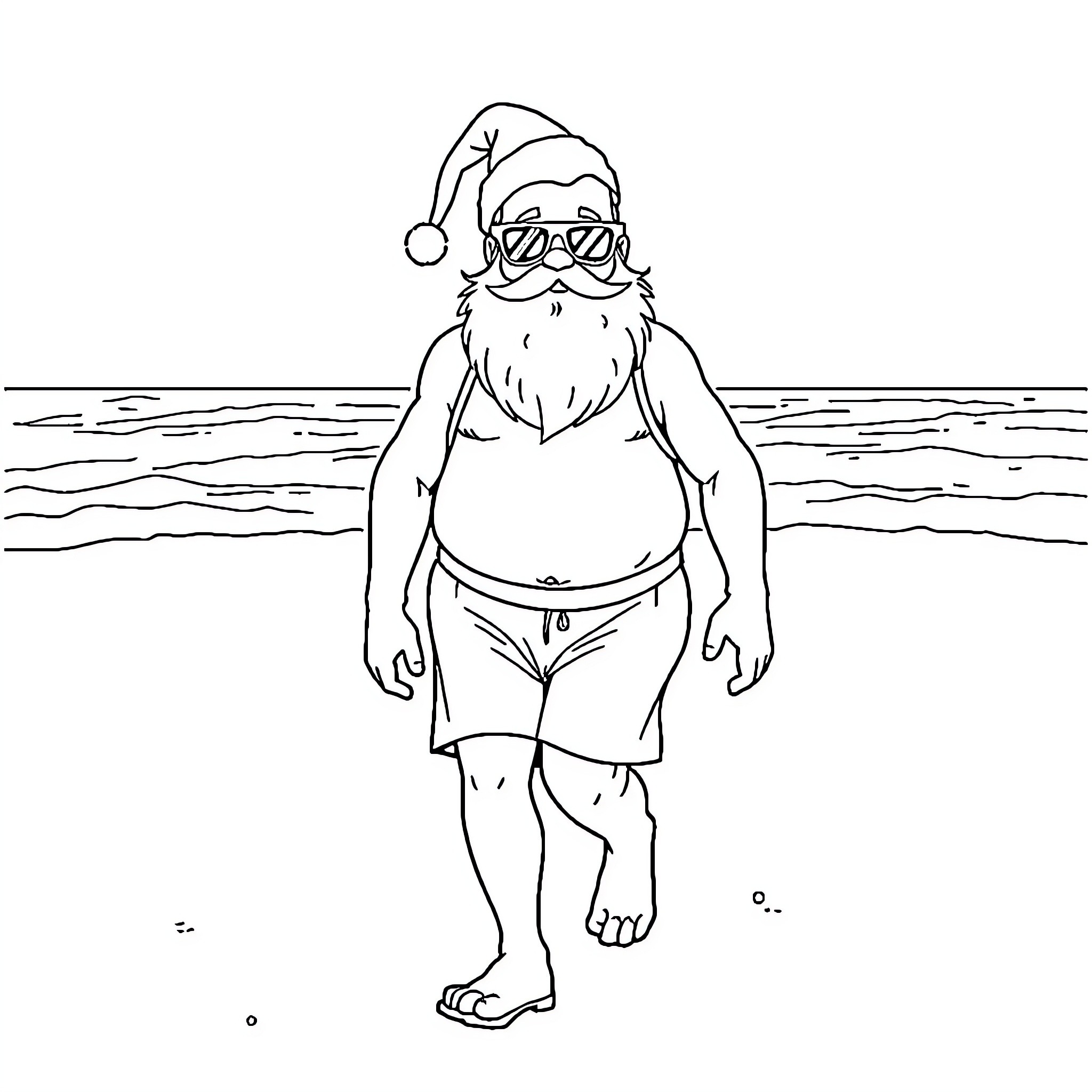 Santa Claus enjoying a beach vacation Coloring Page (free black-and-white line drawing printable PDF for all, from beginners to advanced learners, including children, teens, adults, and seniors)