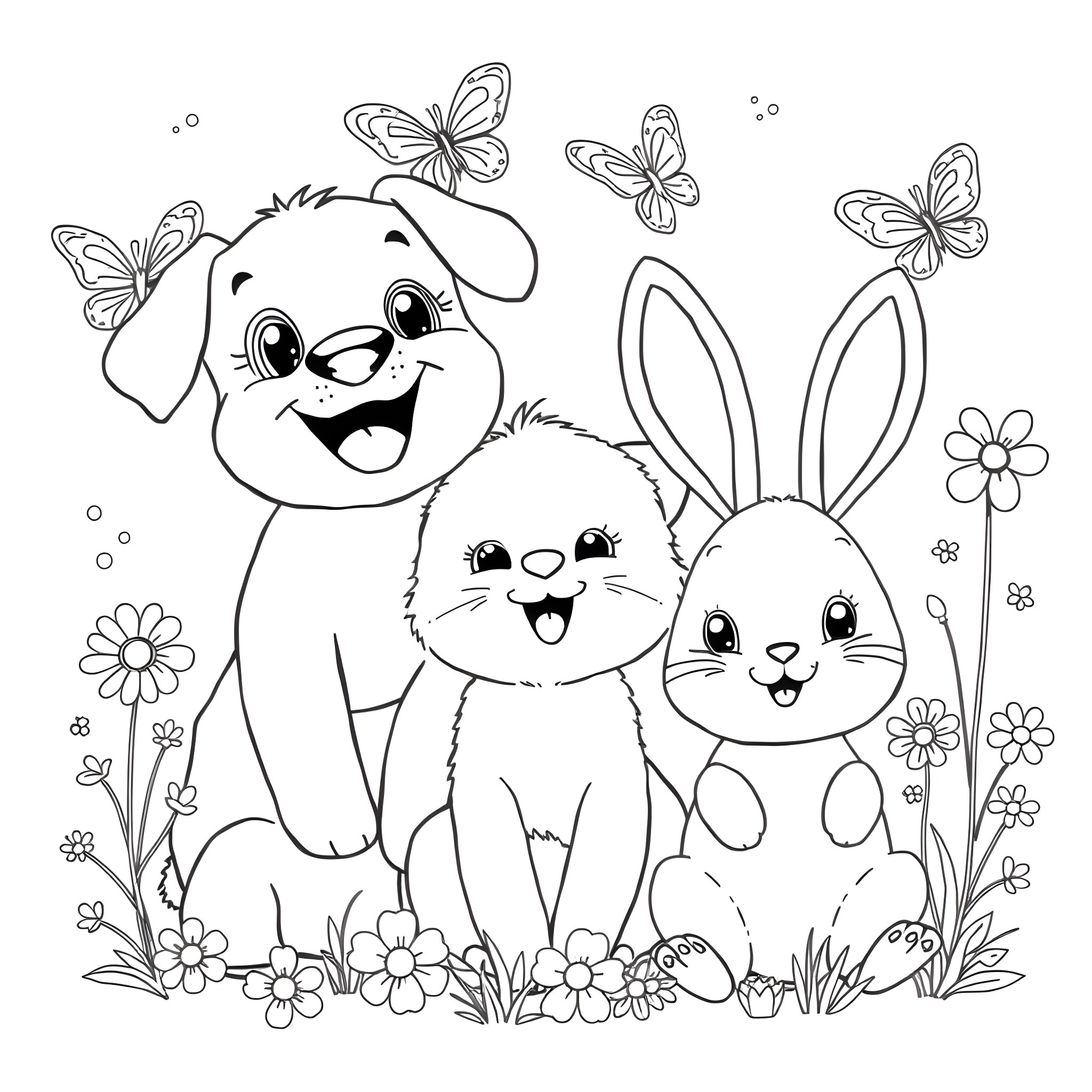 Animal friends playing in a floral meadow Coloring Page (free black-and-white line drawing printable PDF for all, from beginners to advanced learners, including children, teens, adults, and seniors)