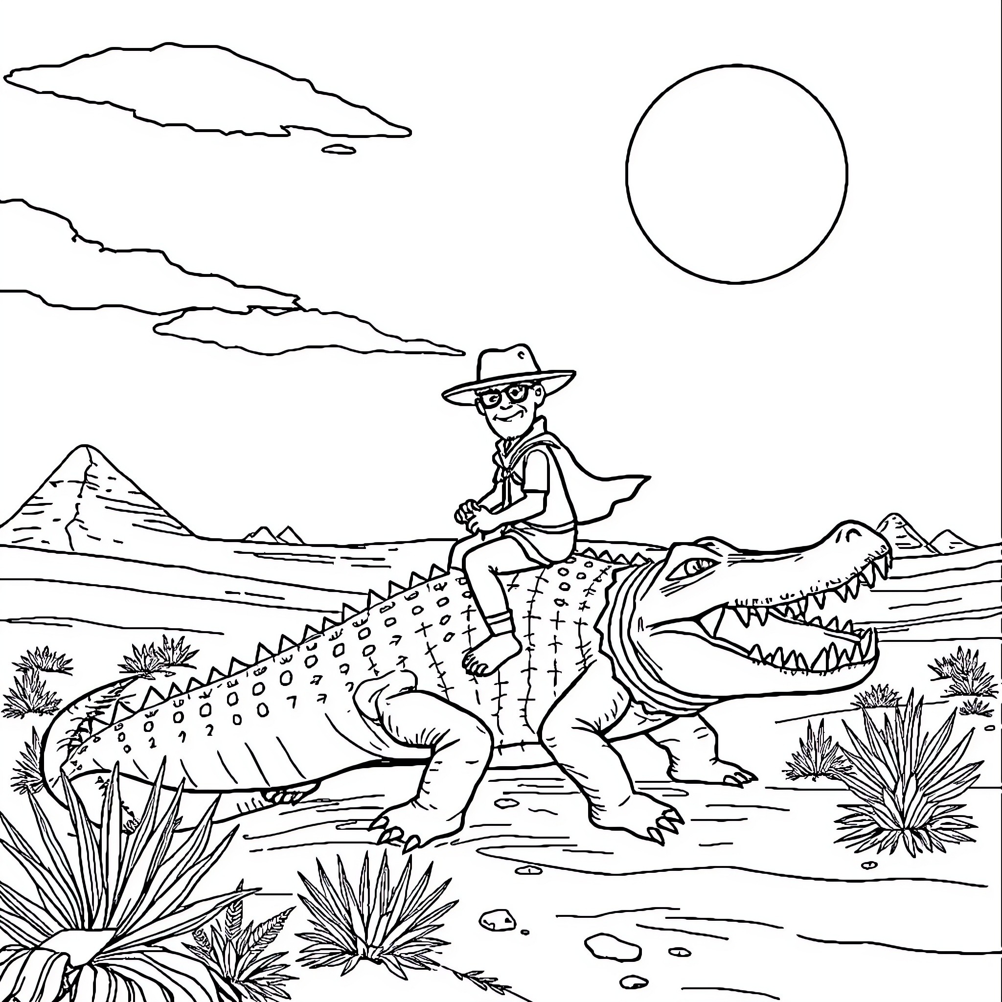 Alligator adventure with a fearless explorer Coloring Page (free black-and-white line drawing printable PDF for all, from beginners to advanced learners, including children, teens, adults, and seniors)