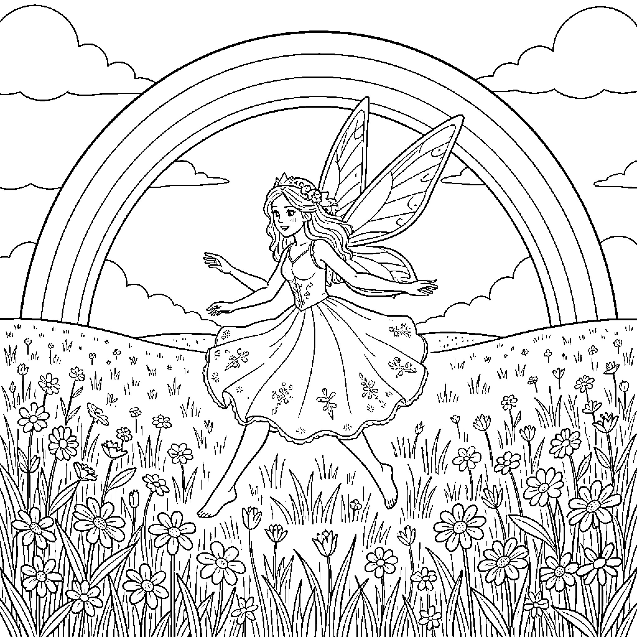 Fairy dancing joyfully in a field under a rainbow Coloring Page (free black-and-white line drawing printable PDF for all, from beginners to advanced learners, including children, teens, adults, and seniors)