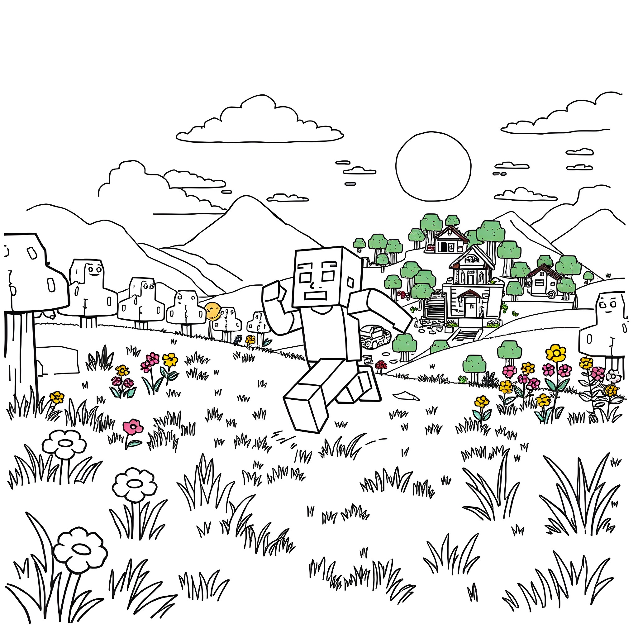 Minecraft Character exploring a scenic landscape Coloring Page (free black-and-white line drawing printable PDF for all, from beginners to advanced learners, including children, teens, adults, and seniors)