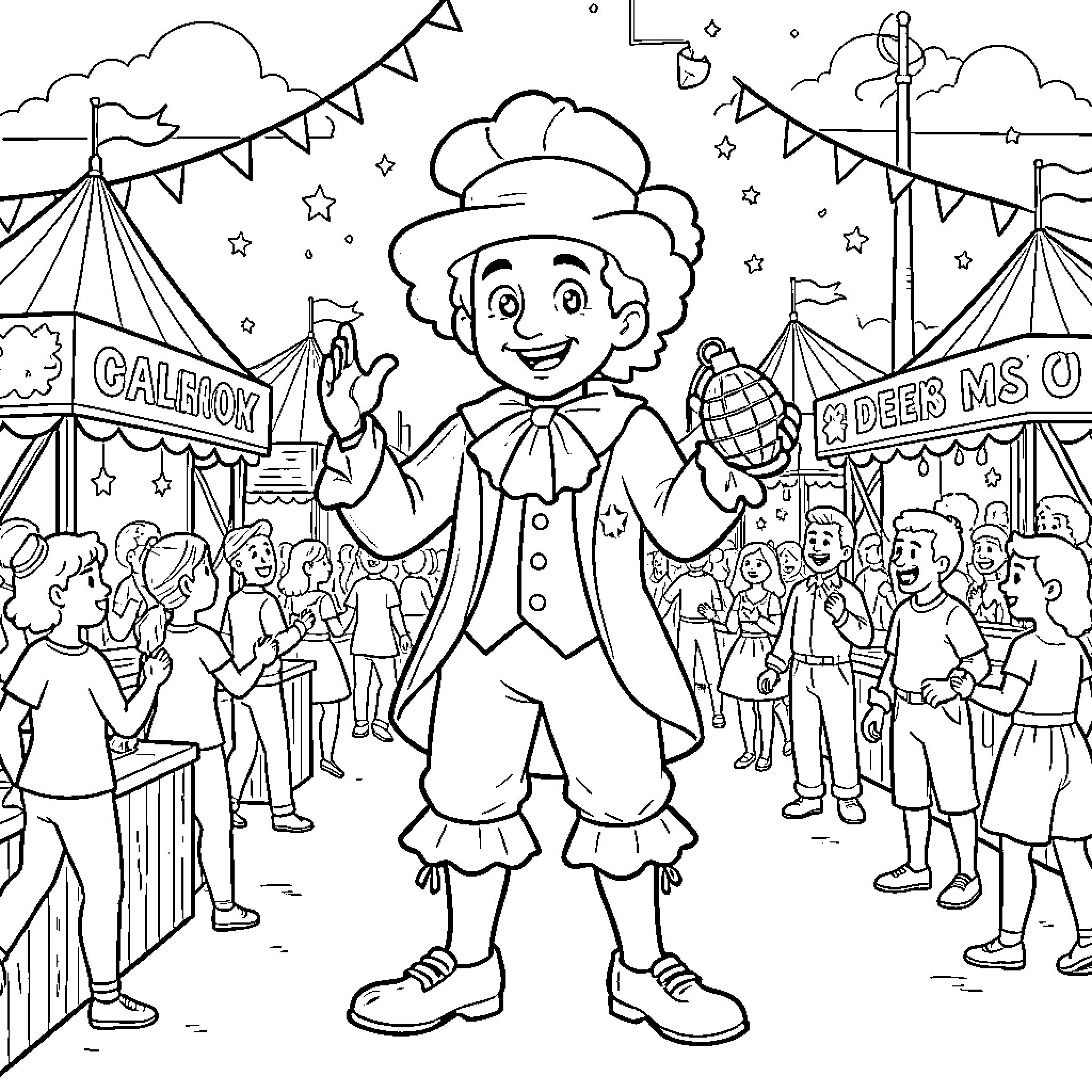 Pierrot entertains the crowd at the carnival Coloring Page (free black-and-white line drawing printable PDF for all, from beginners to advanced learners, including children, teens, adults, and seniors)