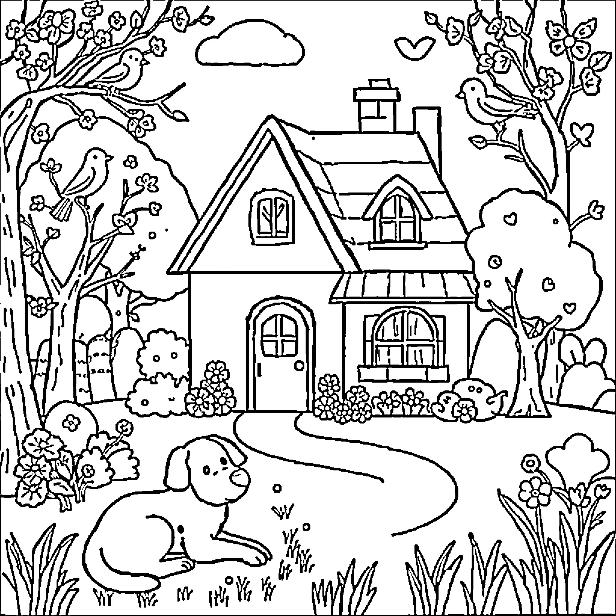 House with playful animals in the garden Coloring Page (free black-and-white line drawing printable PDF for all, from beginners to advanced learners, including children, teens, adults, and seniors)