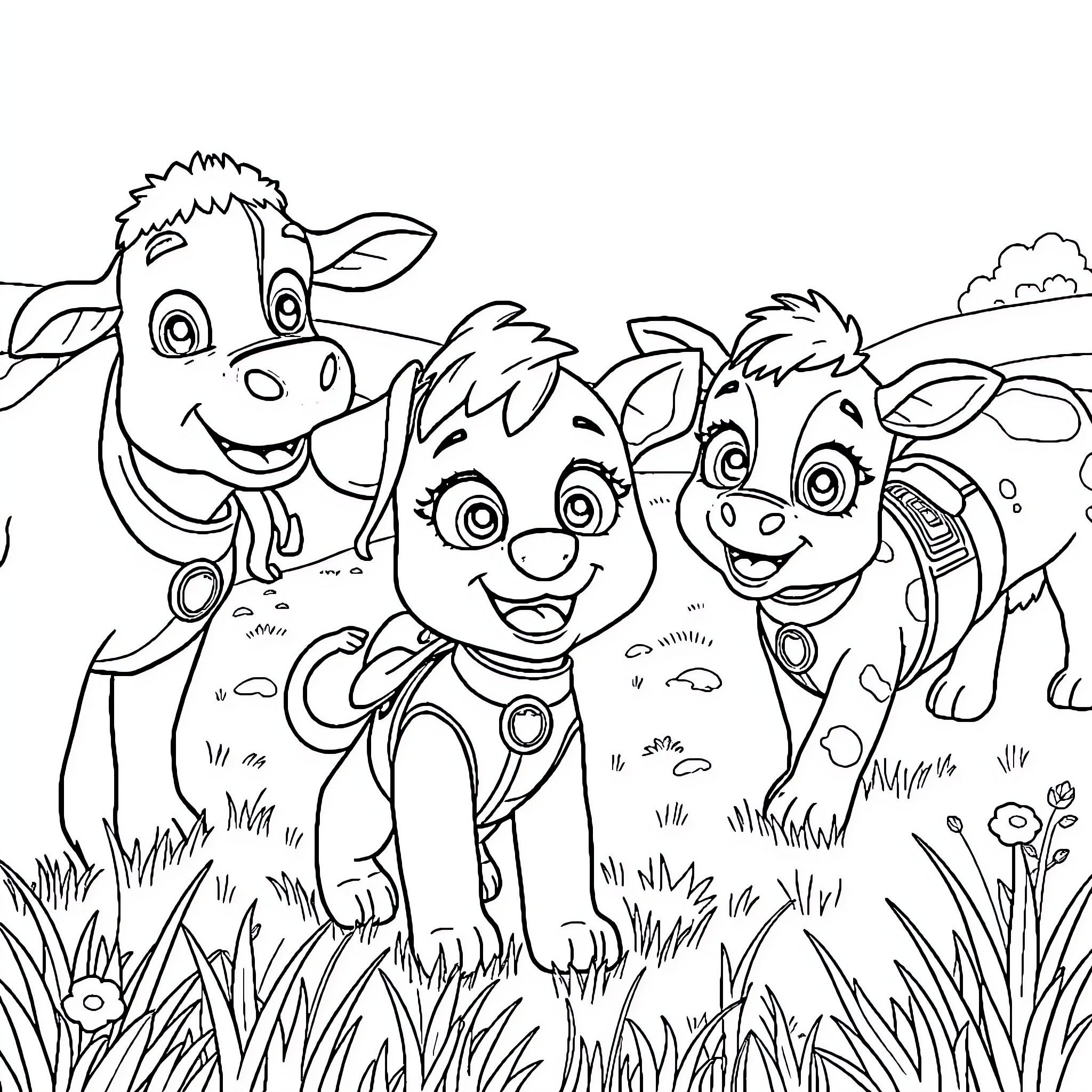 Skye's Farmyard Friends Coloring Page (free black-and-white line drawing printable PDF for all, from beginners to advanced learners, including children, teens, adults, and seniors)