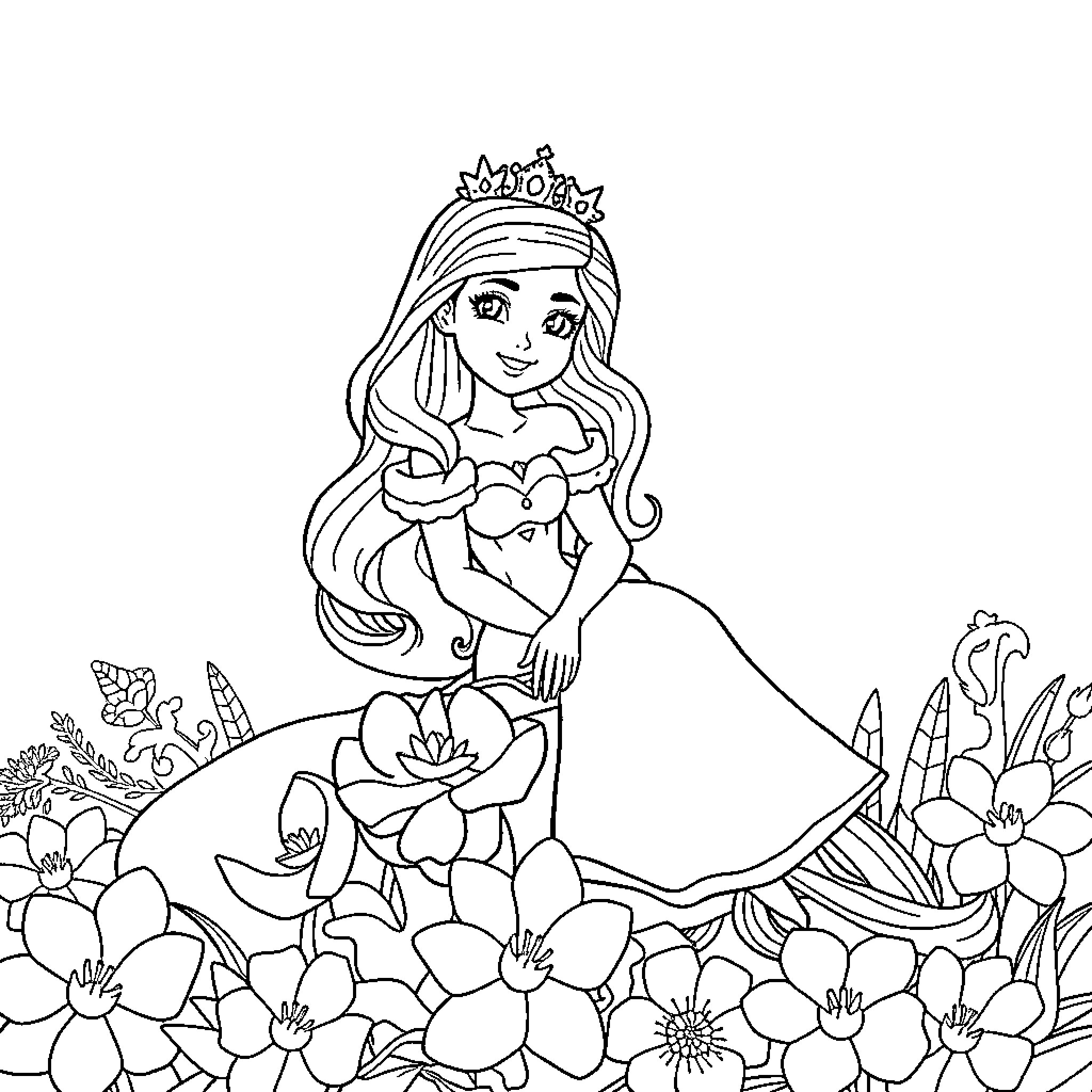 Princess Amid Beautiful Flowers and Nature Coloring Page (free black-and-white line drawing printable PDF for all, from beginners to advanced learners, including children, teens, adults, and seniors)