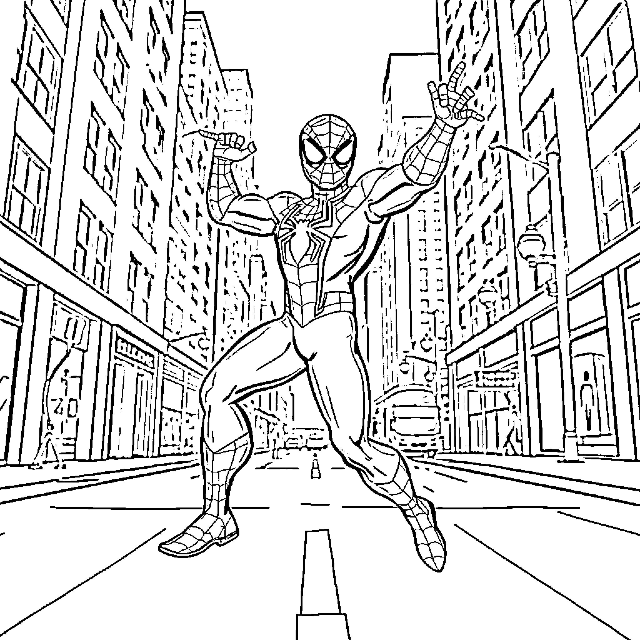 Spiderman swinging through the city streets Coloring Page (free black-and-white line drawing printable PDF for all, from beginners to advanced learners, including children, teens, adults, and seniors)