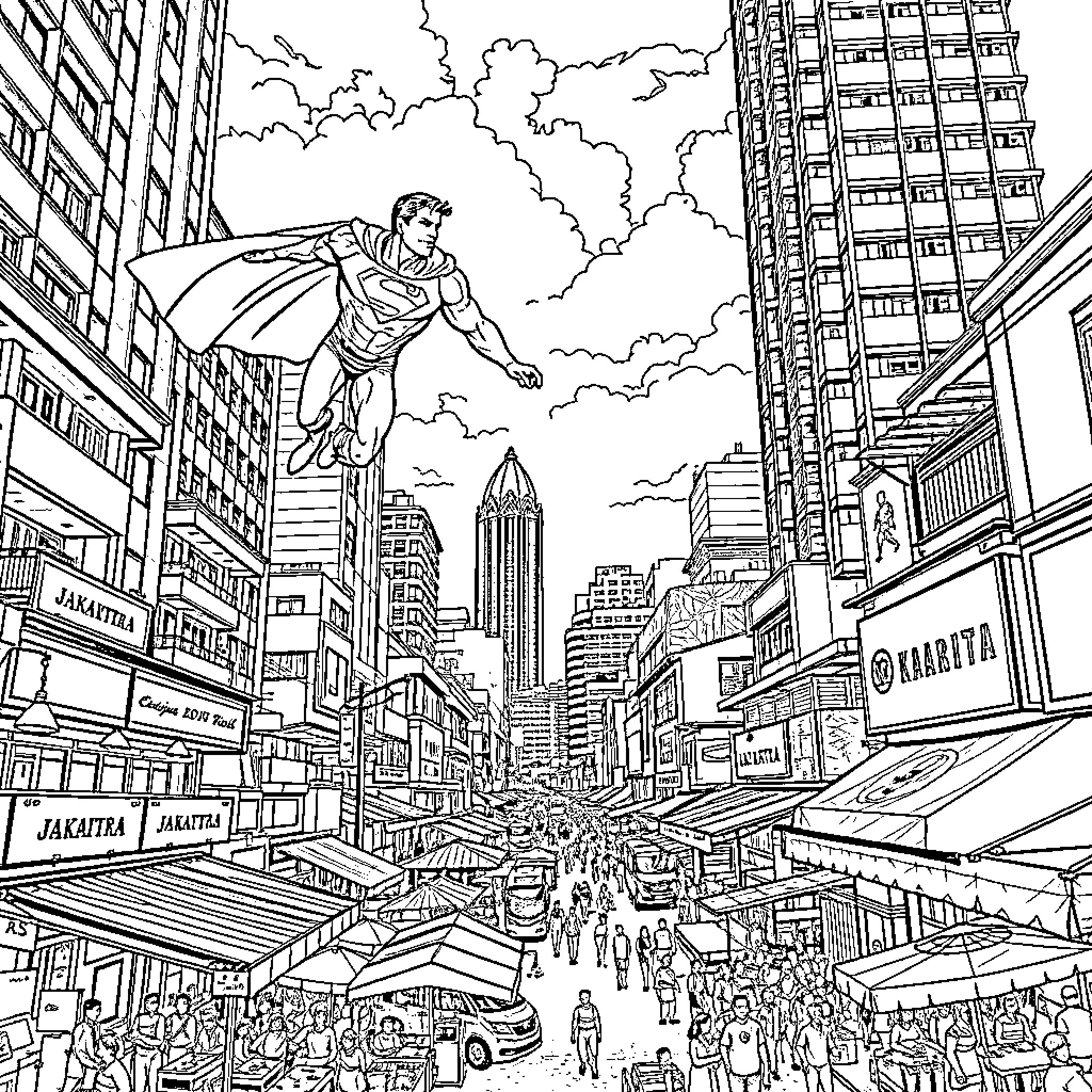 Superman soaring above the bustling city skyline Coloring Page (free black-and-white line drawing printable PDF for all, from beginners to advanced learners, including children, teens, adults, and seniors)