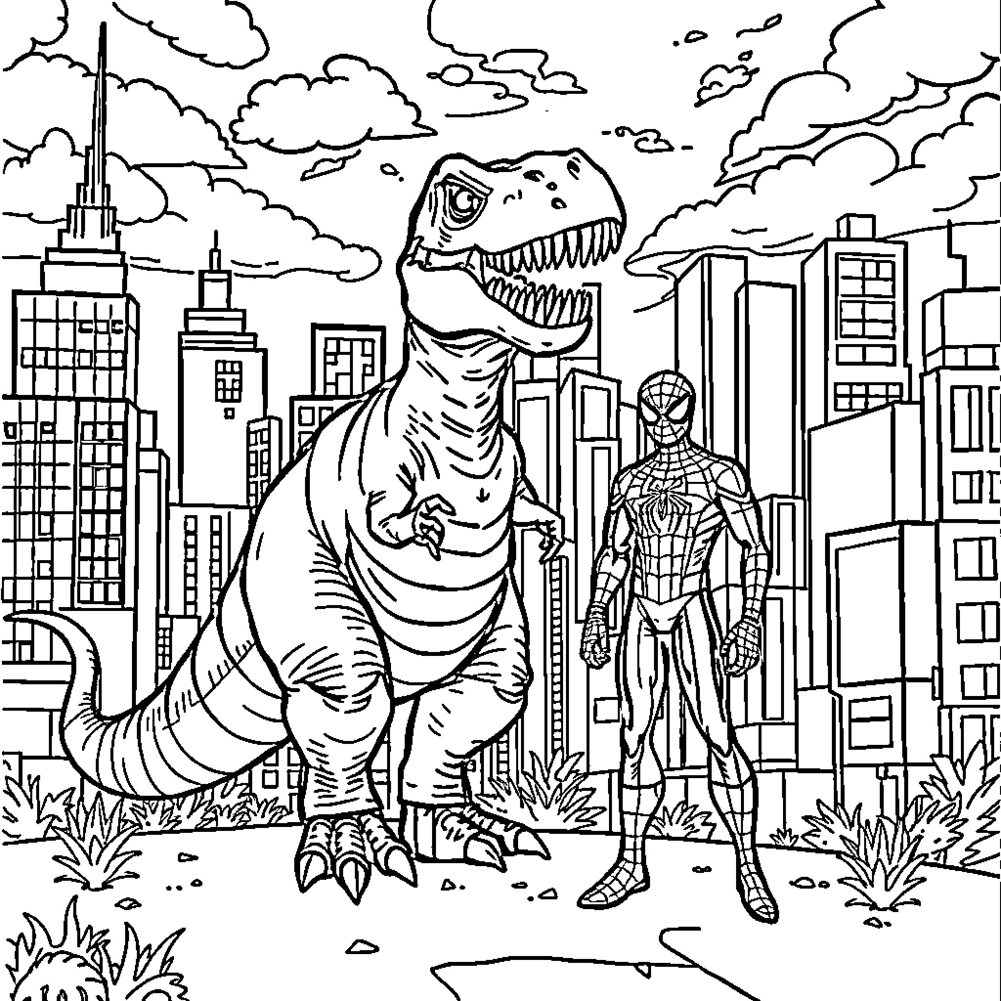 Dinosaur terrorizes city as superhero watches Coloring Page (free black-and-white line drawing printable PDF for all, from beginners to advanced learners, including children, teens, adults, and seniors)