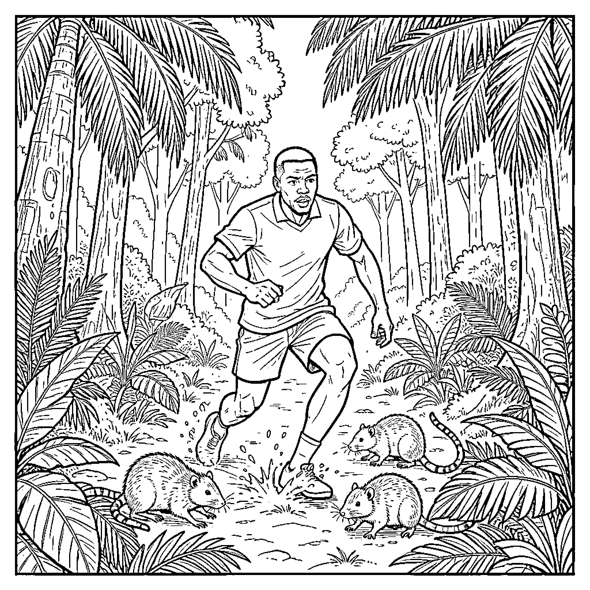 Samuel Eto'o running through a lush tropical jungle Coloring Page (free black-and-white line drawing printable PDF for all, from beginners to advanced learners, including children, teens, adults, and seniors)