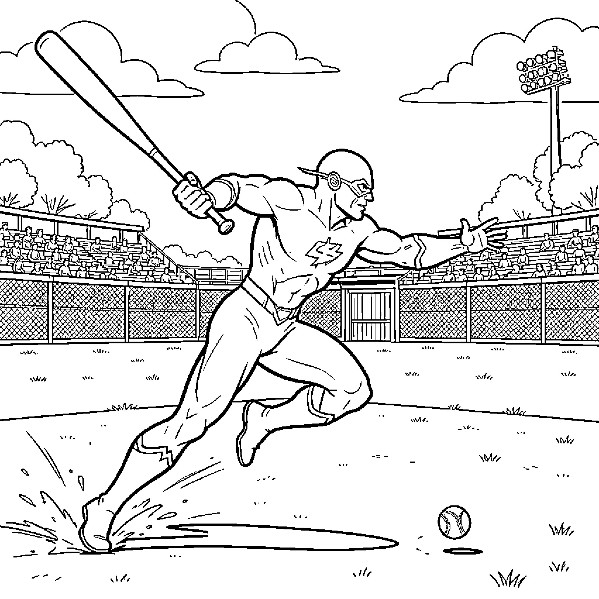 Flash swinging a baseball bat in a stadium Coloring Page (free black-and-white line drawing printable PDF for all, from beginners to advanced learners, including children, teens, adults, and seniors)