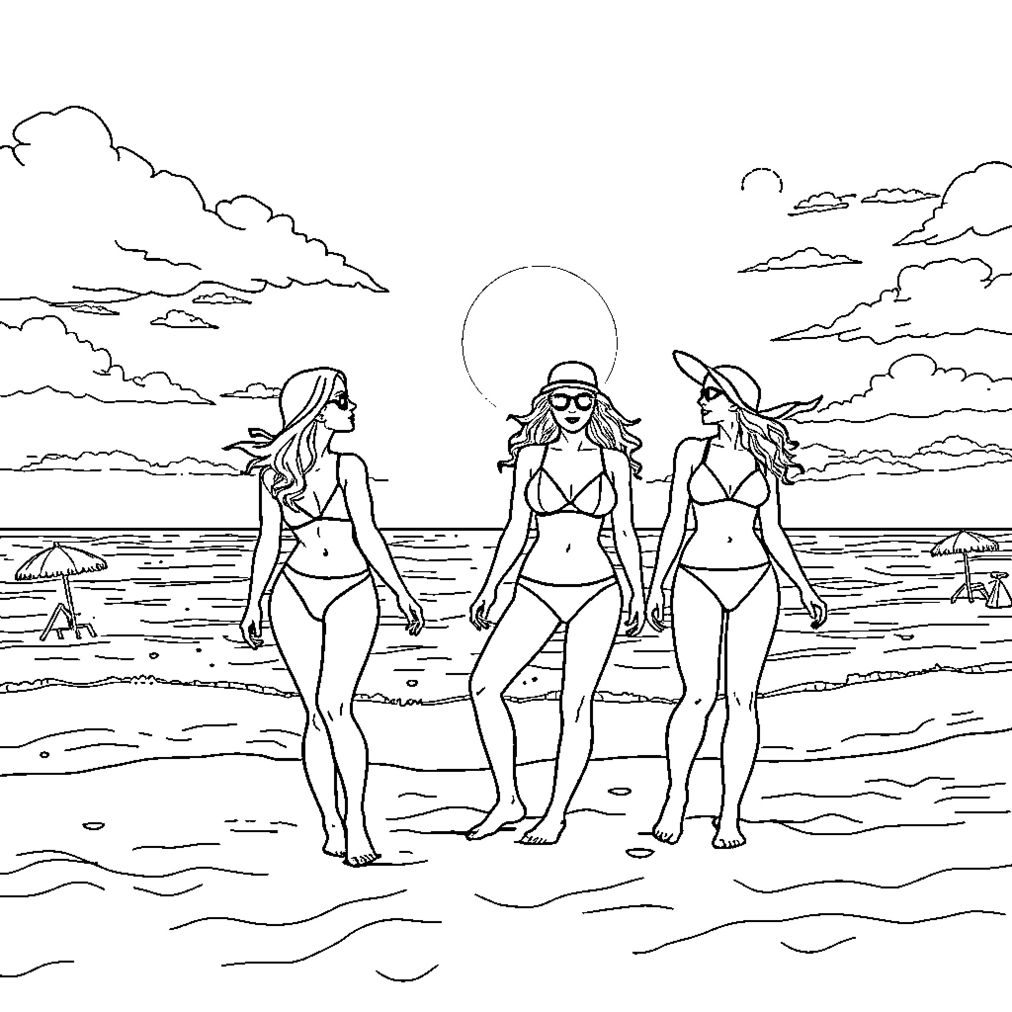 Women enjoying a summer day at the beach Coloring Page (free black-and-white line drawing printable PDF for all, from beginners to advanced learners, including children, teens, adults, and seniors)