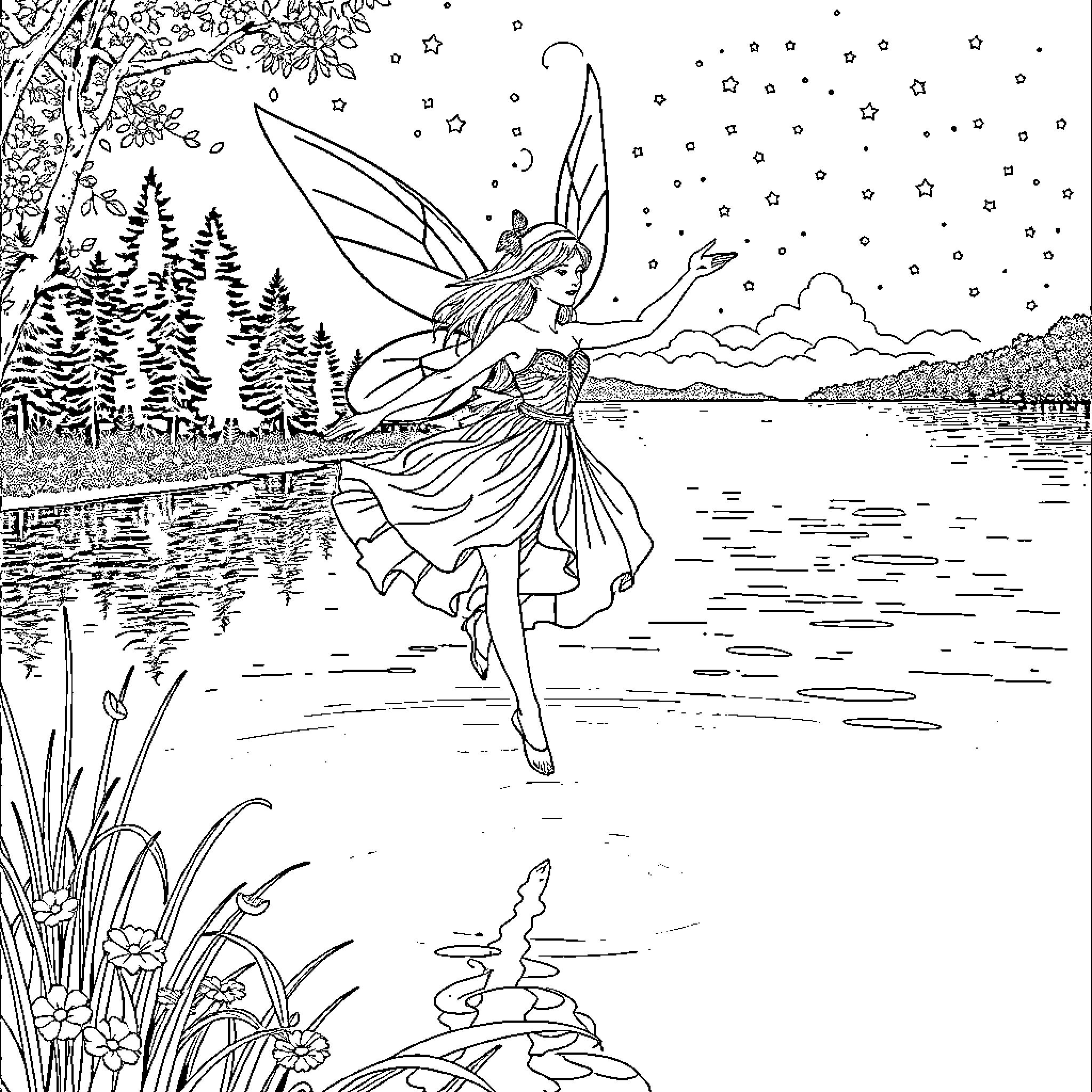 Fairy dancing gracefully by the serene lake Coloring Page (free black-and-white line drawing printable PDF for all, from beginners to advanced learners, including children, teens, adults, and seniors)
