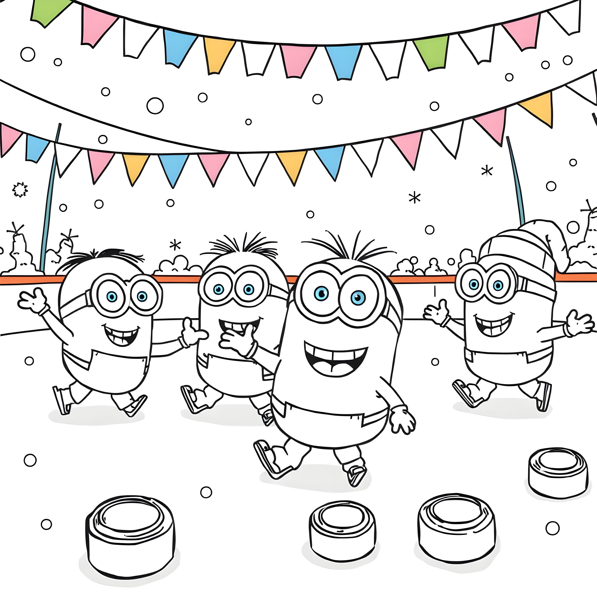 Minions Celebrating with Party Decorations Coloring Page (free black-and-white line drawing printable PDF for all, from beginners to advanced learners, including children, teens, adults, and seniors)