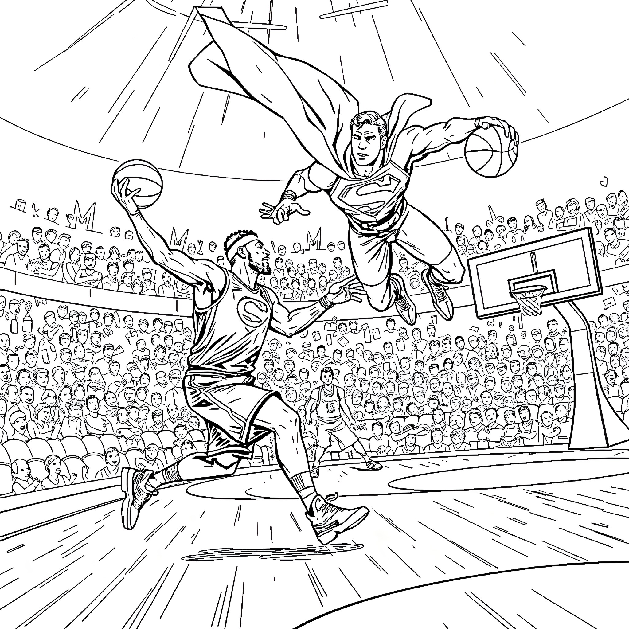 Superman battles on the basketball court Coloring Page (free black-and-white line drawing printable PDF for all, from beginners to advanced learners, including children, teens, adults, and seniors)