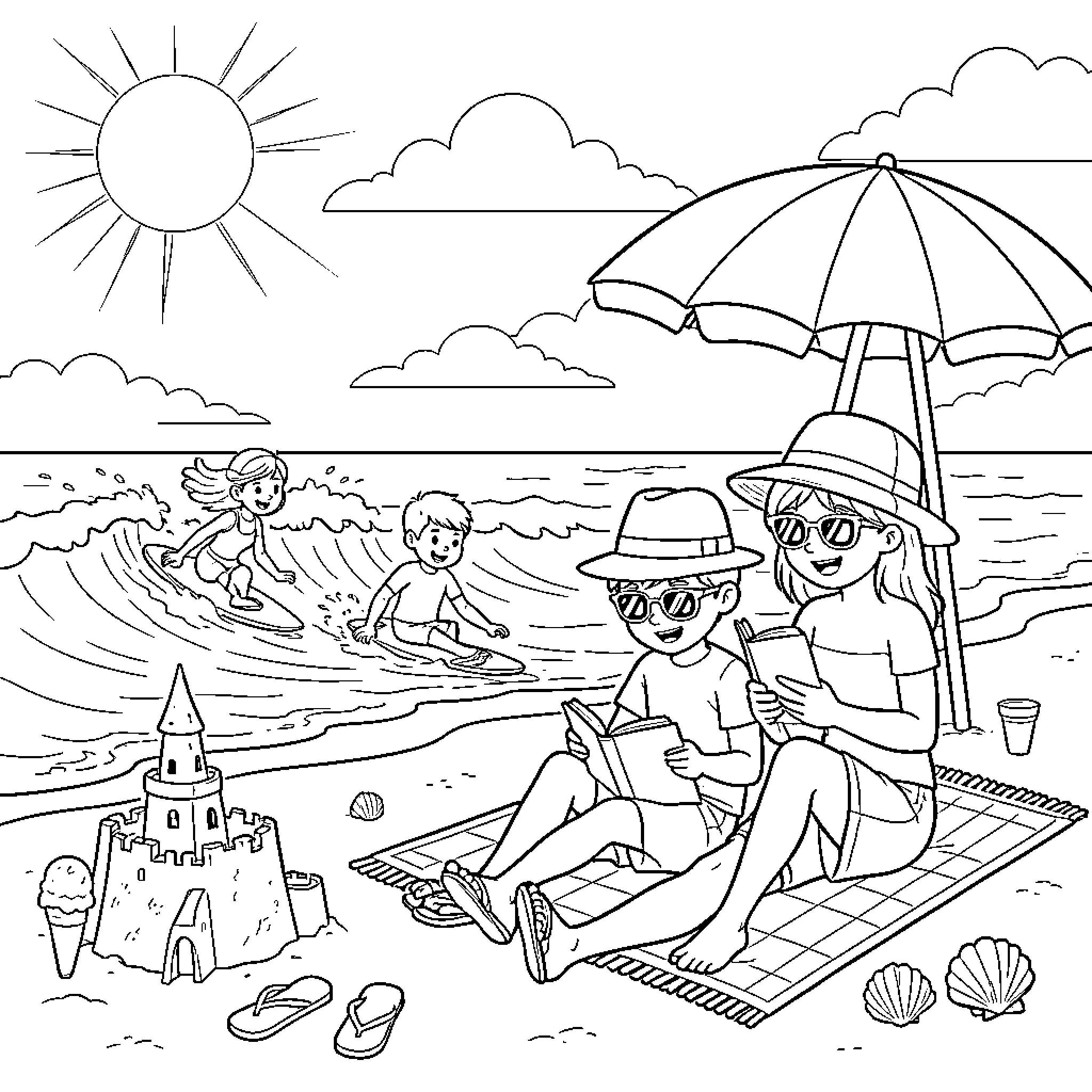 Plage scene with children surfing and relaxing under umbrella Coloring Page (free black-and-white line drawing printable PDF for all, from beginners to advanced learners, including children, teens, adults, and seniors)