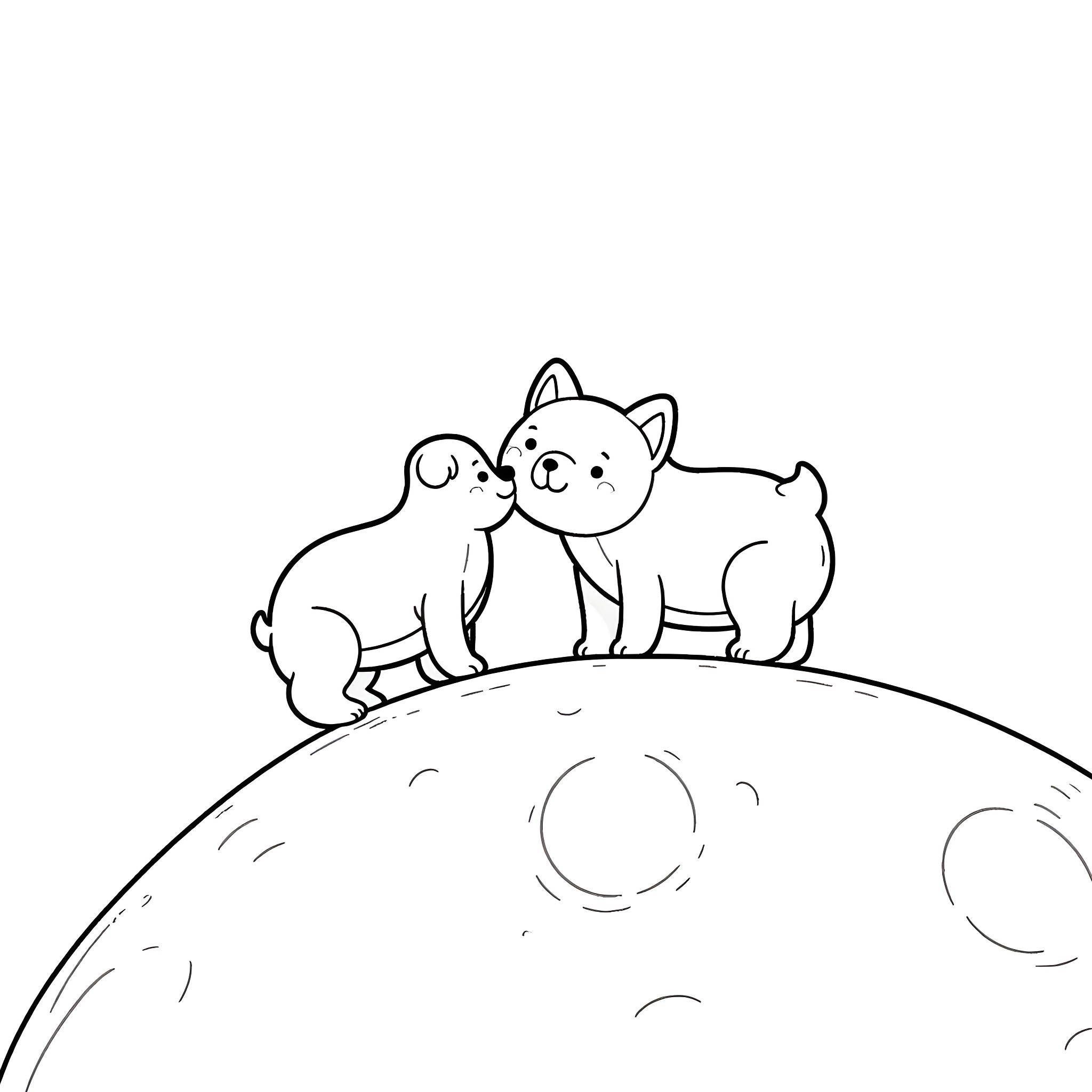 Dog friends playing on the moon Coloring Page (free black-and-white line drawing printable PDF for all, from beginners to advanced learners, including children, teens, adults, and seniors)