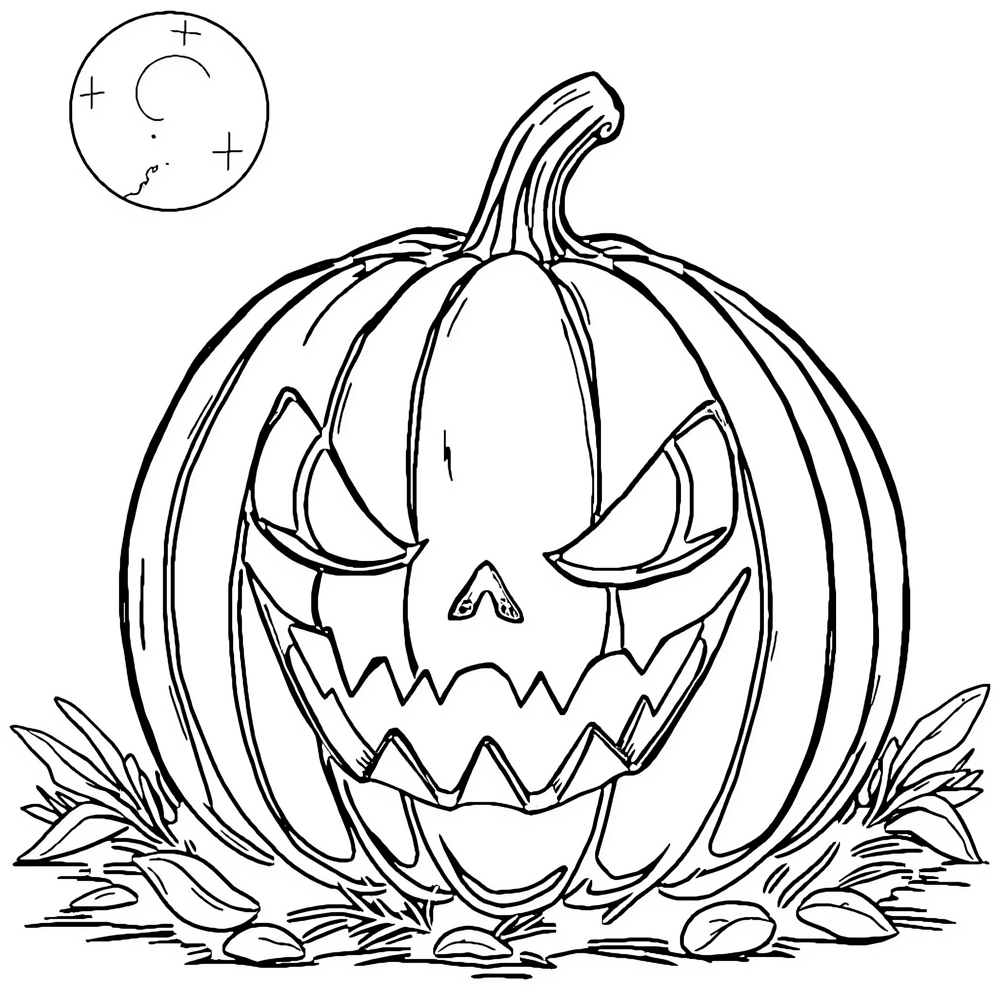 Pumpkin with scary carved face and leaves Coloring Page (free black-and-white line drawing printable PDF for all, from beginners to advanced learners, including children, teens, adults, and seniors)