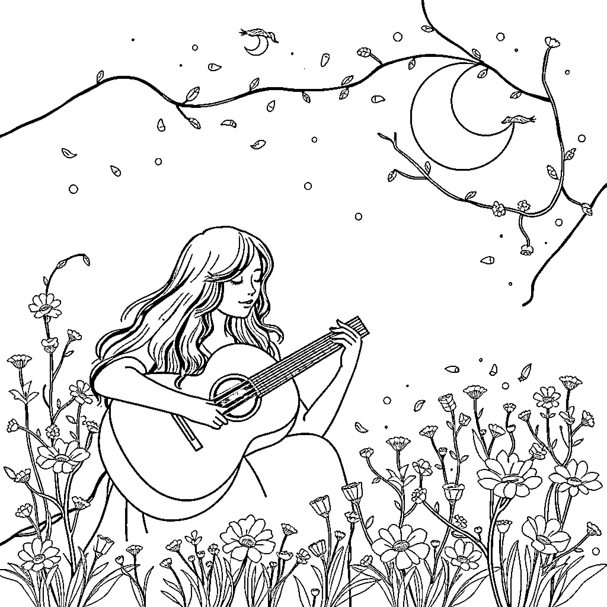 Dreamer playing guitar under the moonlight Coloring Page (free black-and-white line drawing printable PDF for all, from beginners to advanced learners, including children, teens, adults, and seniors)