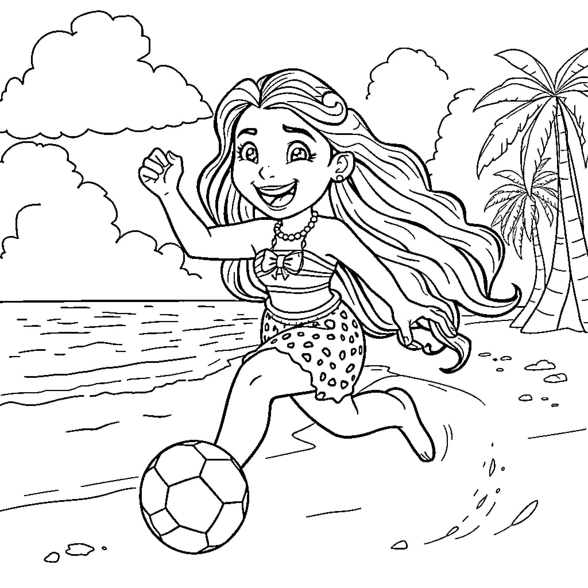 Moana playing happily with a soccer ball on the beach Coloring Page (free black-and-white line drawing printable PDF for all, from beginners to advanced learners, including children, teens, adults, and seniors)