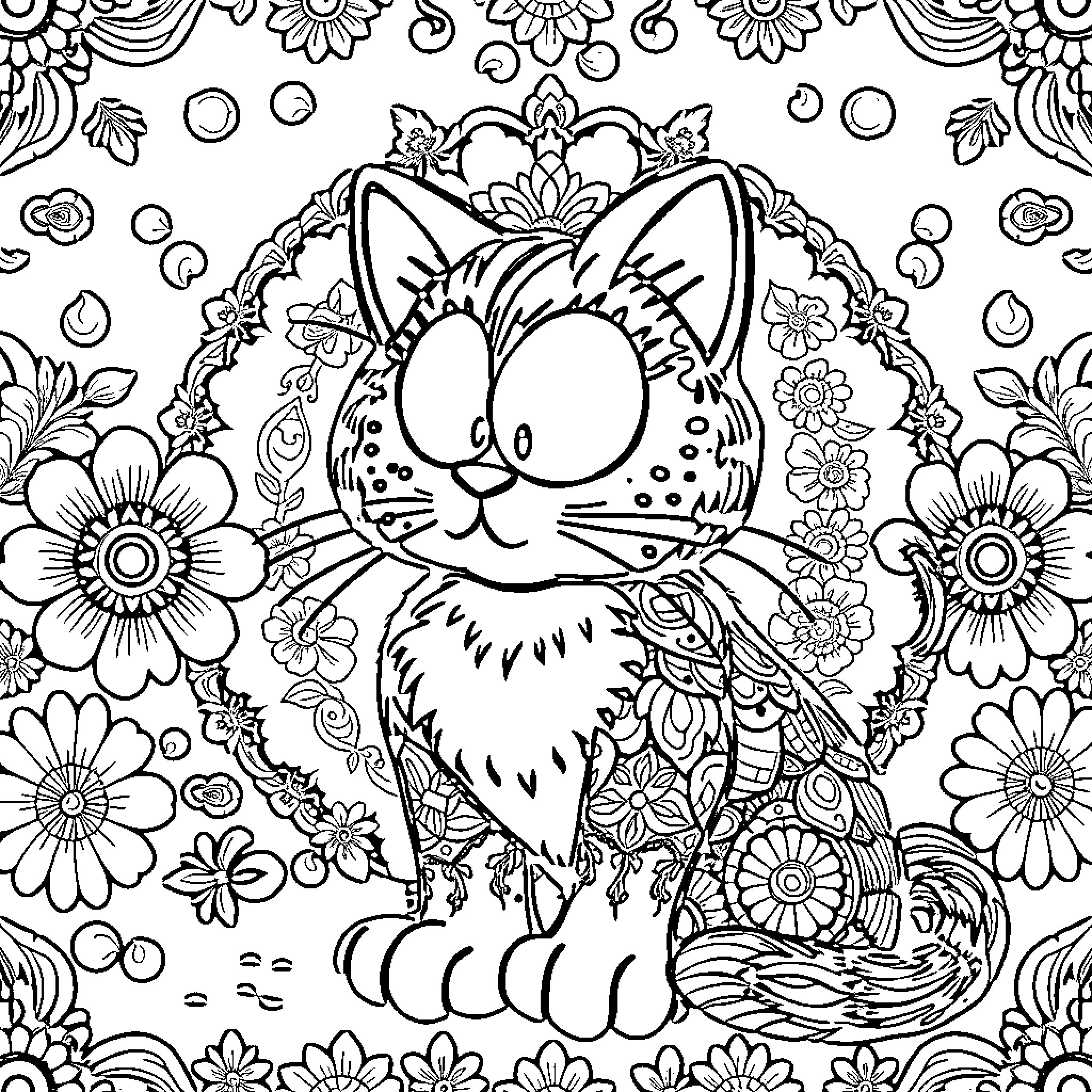 Garfield in a floral wonderland Coloring Page (free black-and-white line drawing printable PDF for all, from beginners to advanced learners, including children, teens, adults, and seniors)