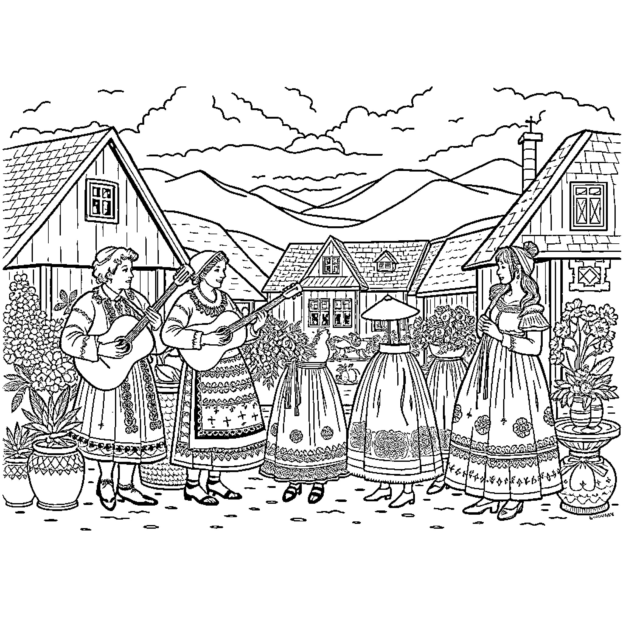 Swedish Culture: Folk Musicians and Traditional Dress in Village Scenery Coloring Page (free black-and-white line drawing printable PDF for all, from beginners to advanced learners, including children, teens, adults, and seniors)
