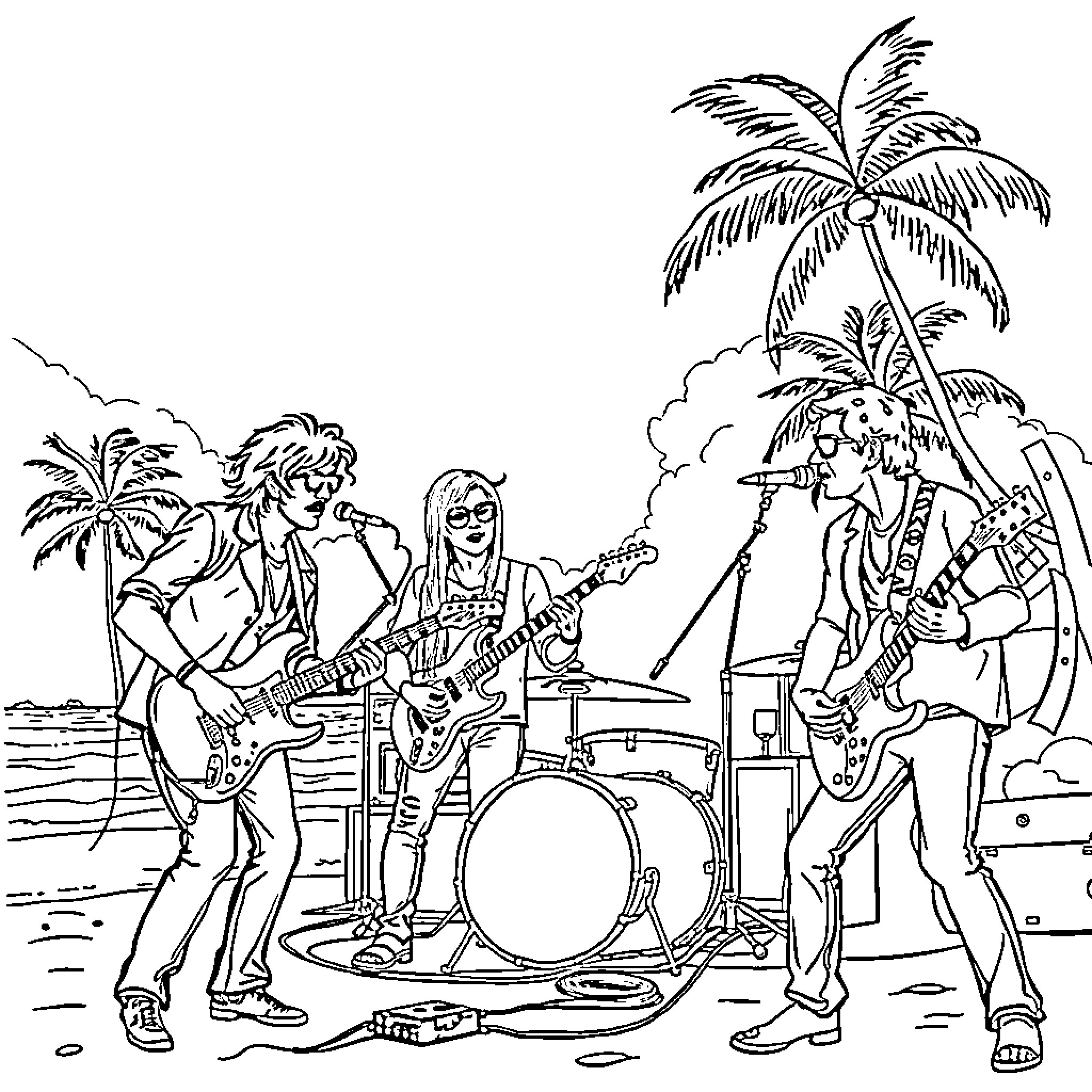 Cheap Trick: Rockers performing on the beach Coloring Page (free black-and-white line drawing printable PDF for all, from beginners to advanced learners, including children, teens, adults, and seniors)