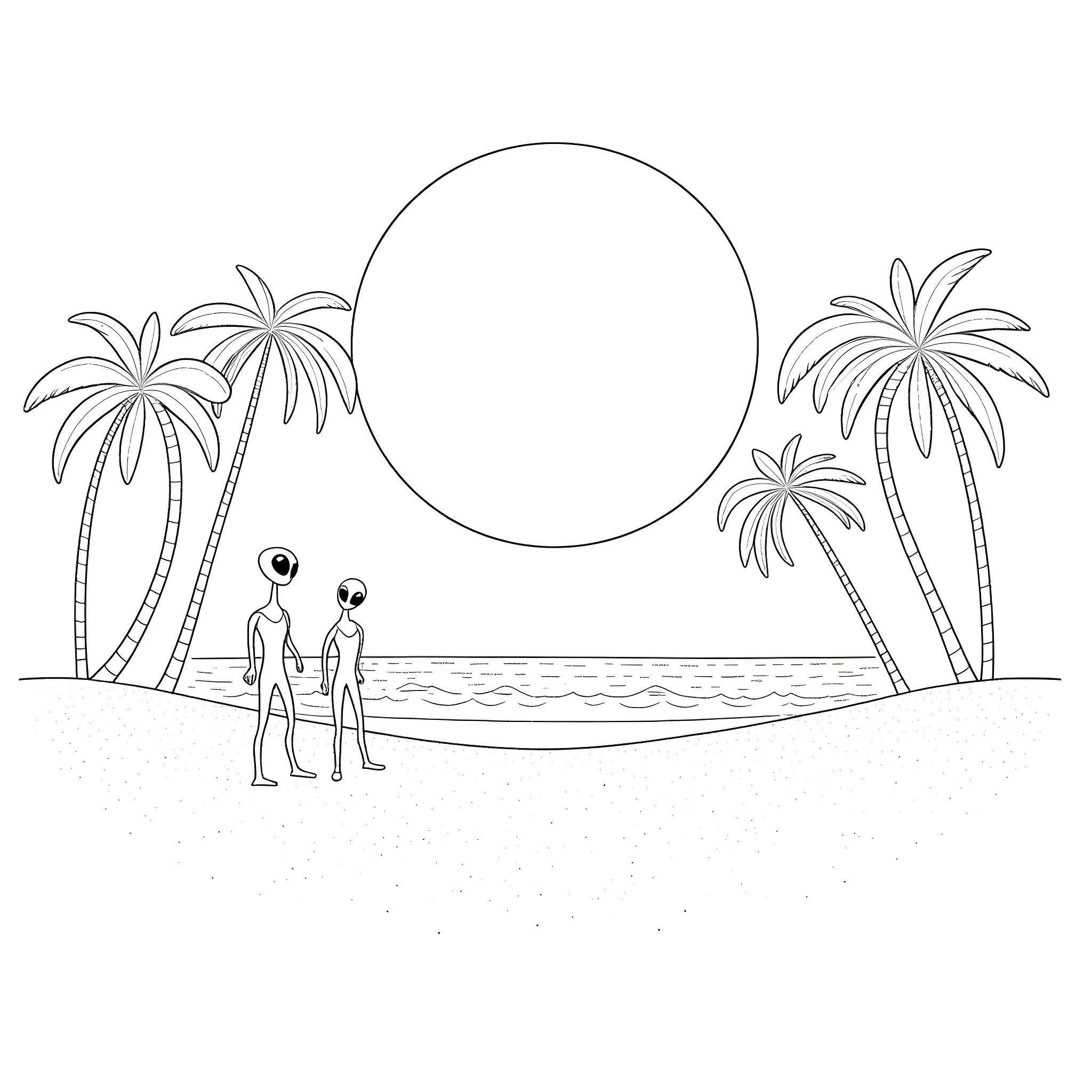 Alien visitors explore tropical beach paradise Coloring Page (free black-and-white line drawing printable PDF for all, from beginners to advanced learners, including children, teens, adults, and seniors)