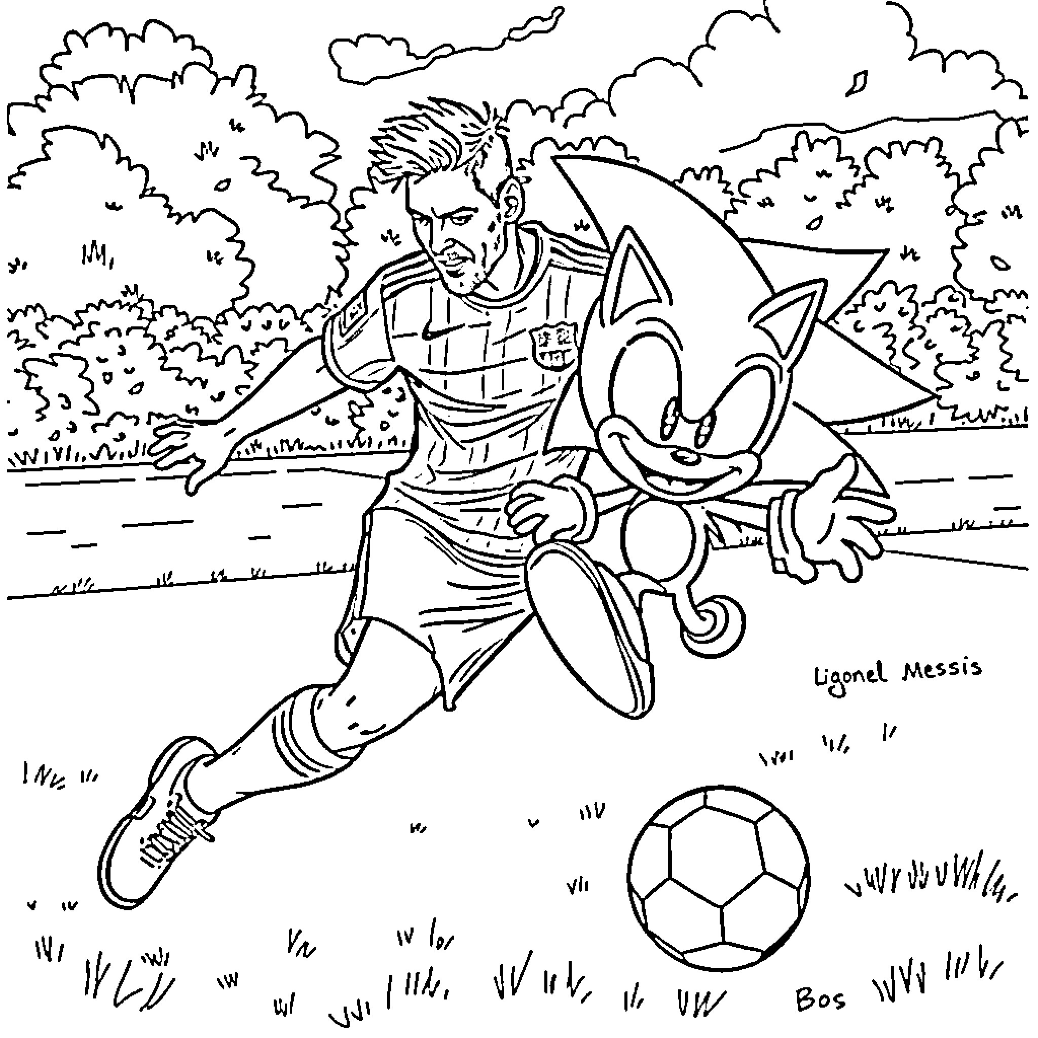 Lionel Messi playing football with Sonic the Hedgehog Coloring Page (free black-and-white line drawing printable PDF for all, from beginners to advanced learners, including children, teens, adults, and seniors)