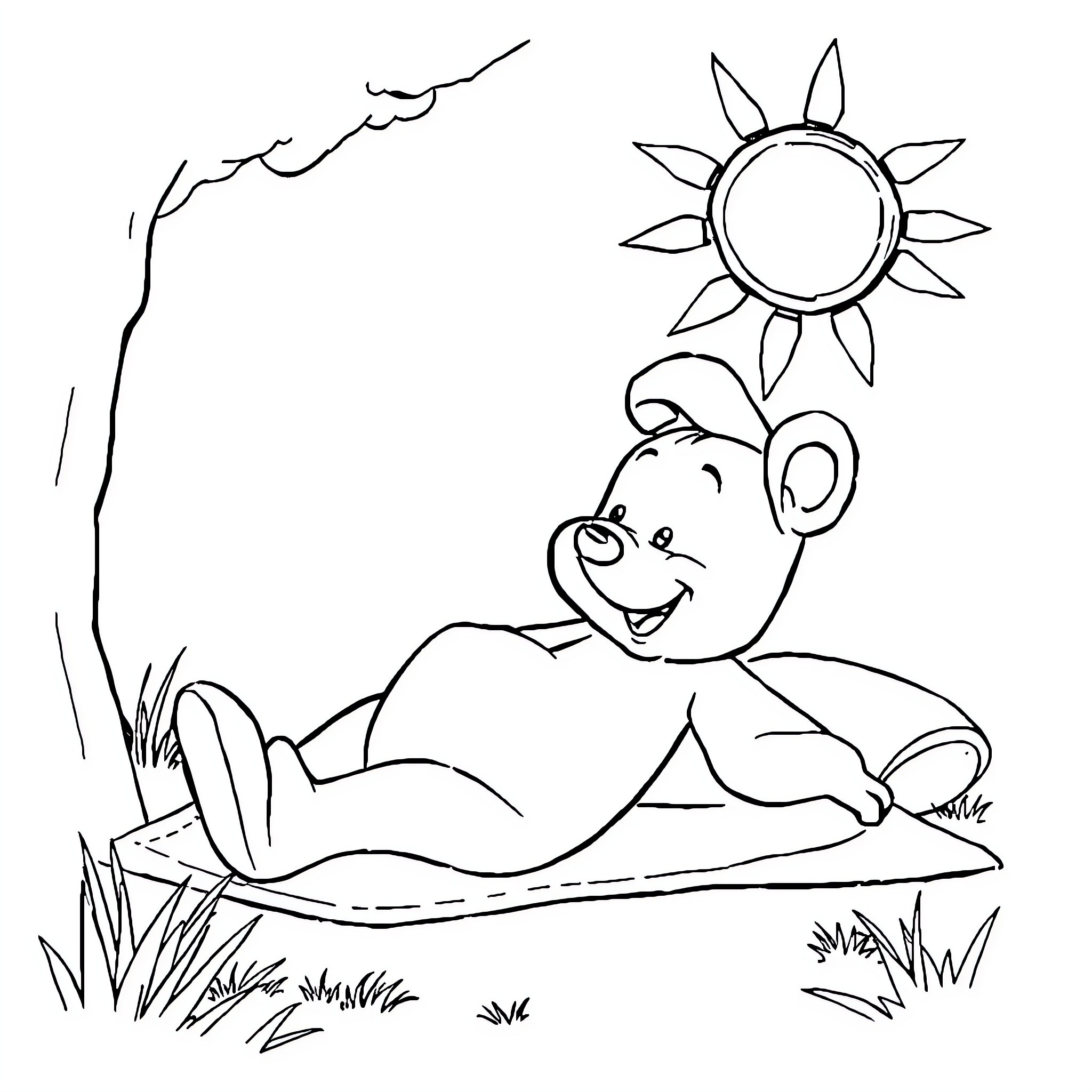 Winnie relaxing in the sun Coloring Page (free black-and-white line drawing printable PDF for all, from beginners to advanced learners, including children, teens, adults, and seniors)